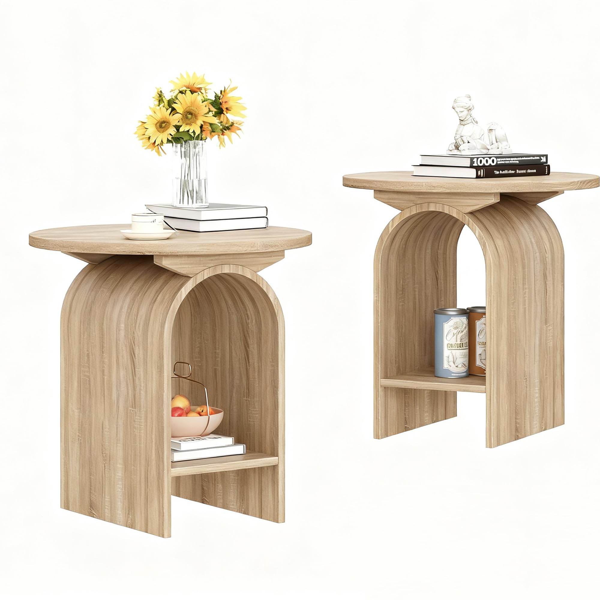 Round Wooden Side Table Set of 2