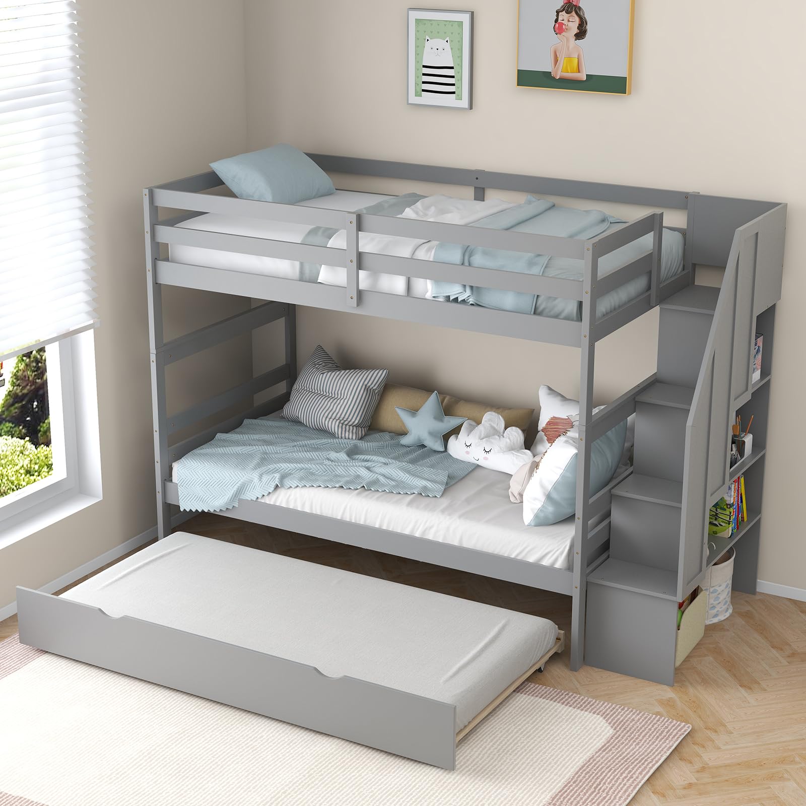 Twin Over Twin Bunk Bed with Trundle and Stairs
