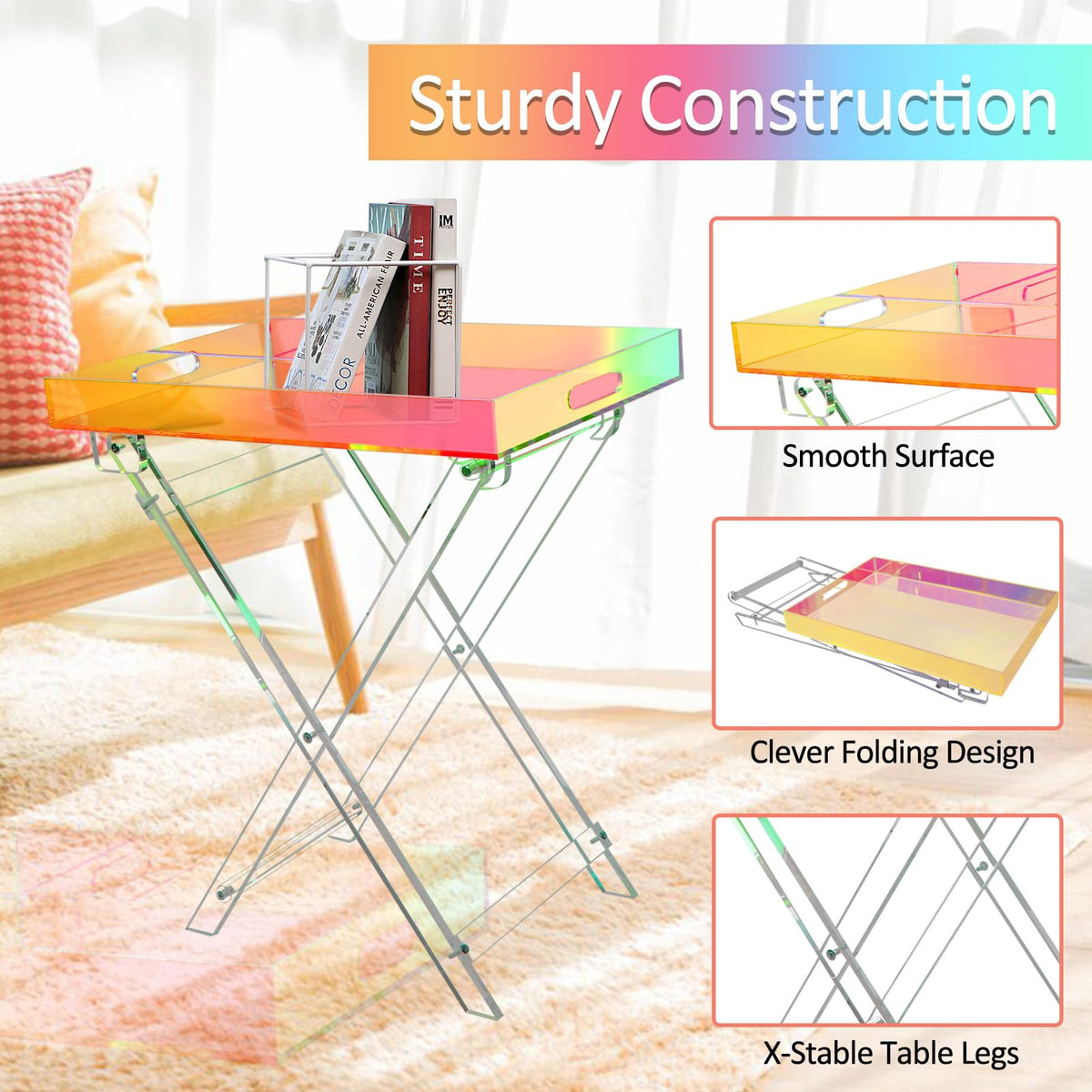 Acrylic Folding Tray Table - Iridescent Rainbow Side Table