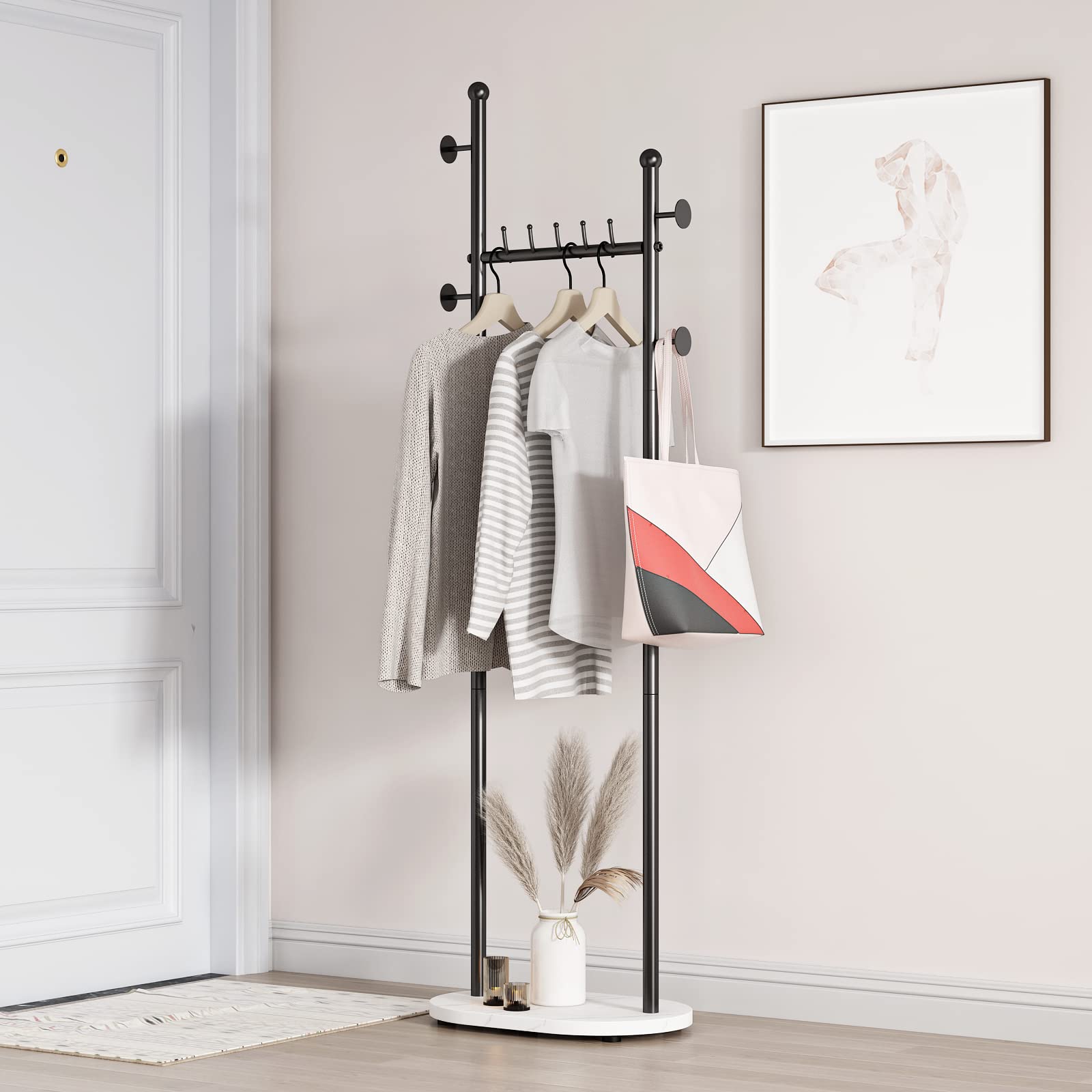 Black Clothing Rack with Shelves and Marble Base