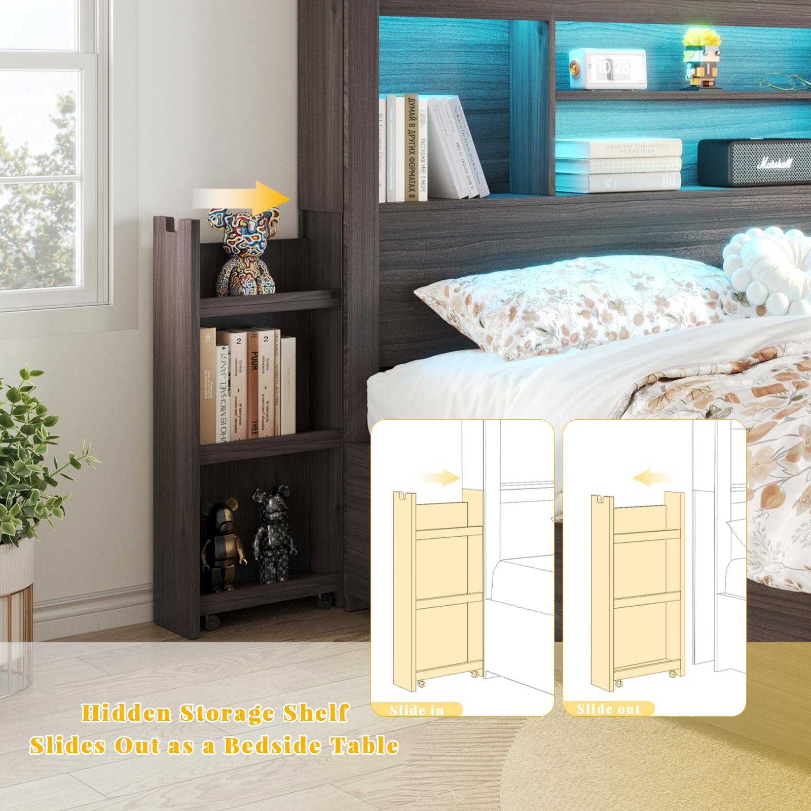 King Bed Frame with Bookcase Headboard and Storage Drawers