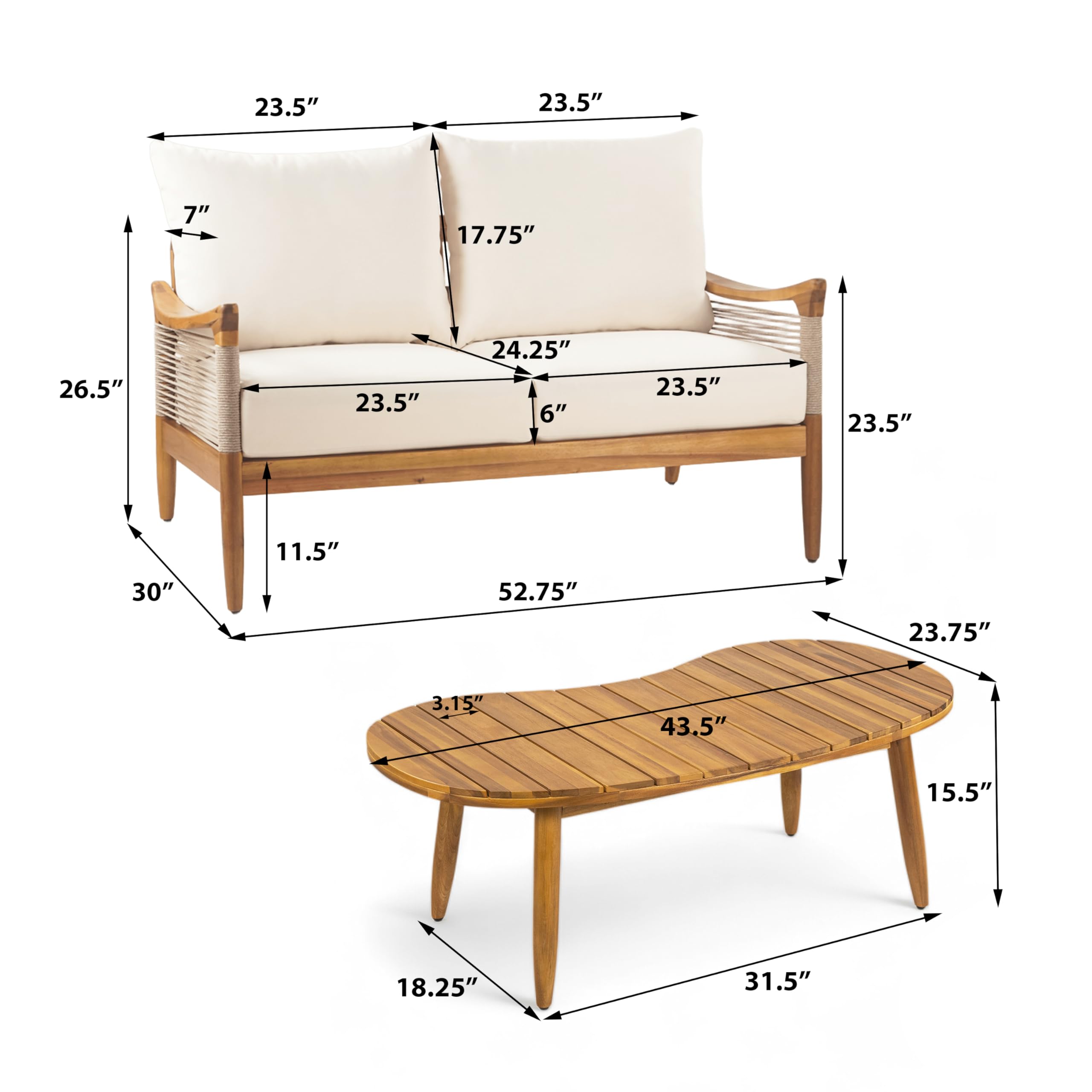 2 Piece Acacia Wood Patio Conversation Set with Loveseat