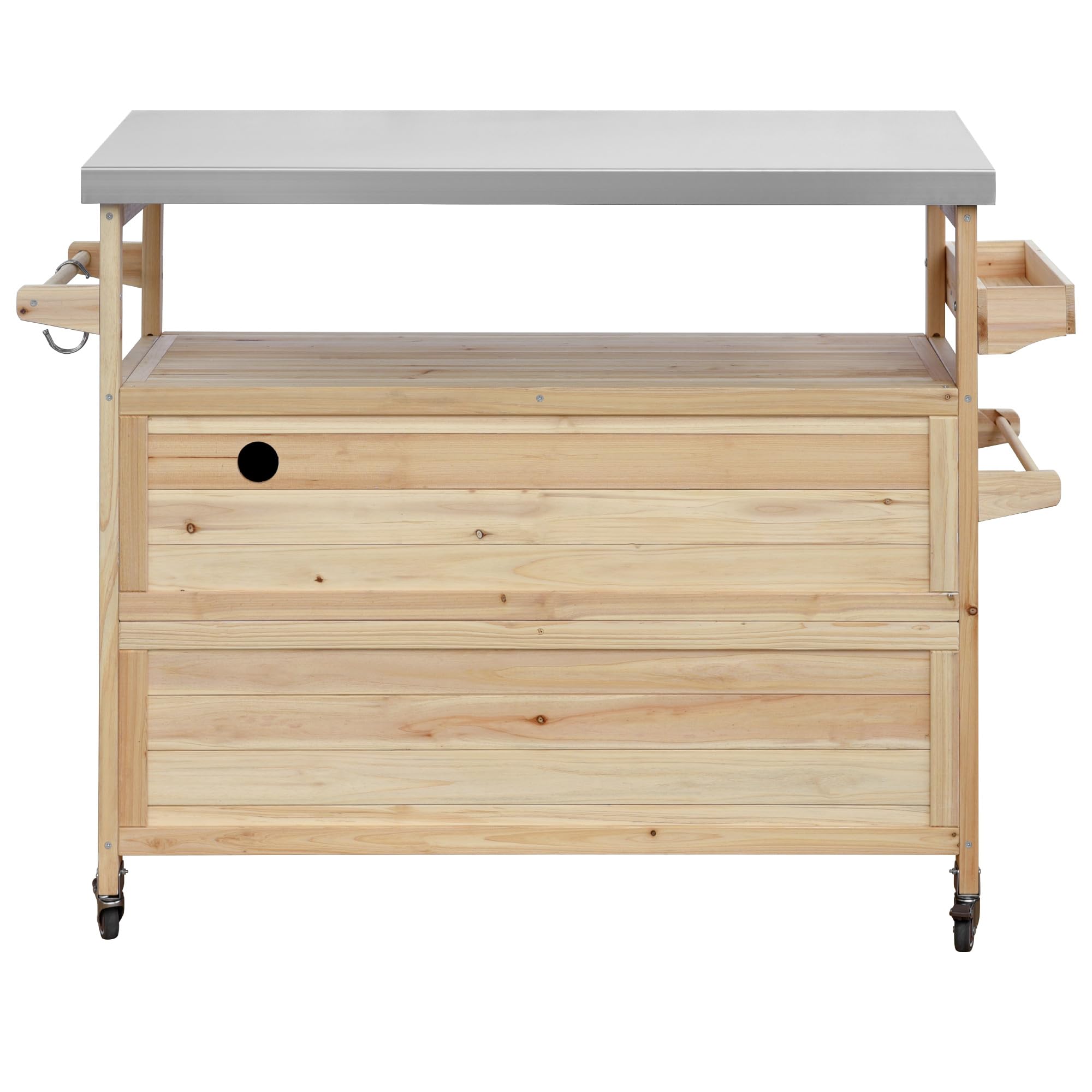 Outdoor Kitchen Island on Wheels with Stainless Steel Top & Storage Cabinet – Natural Fir Wood