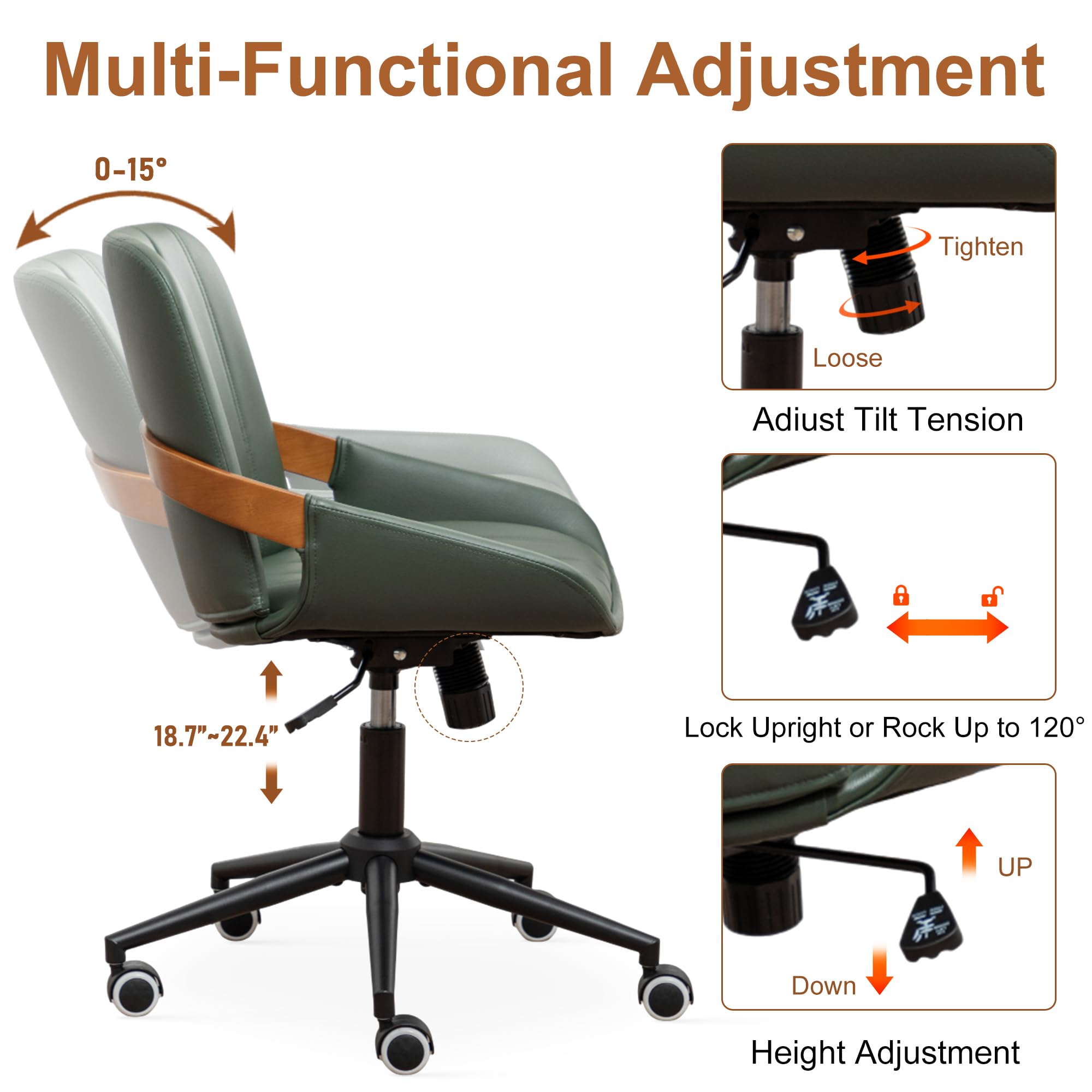 PU Leather Desk Chair with Wheels - Adjustable Height Swivel Office Chair