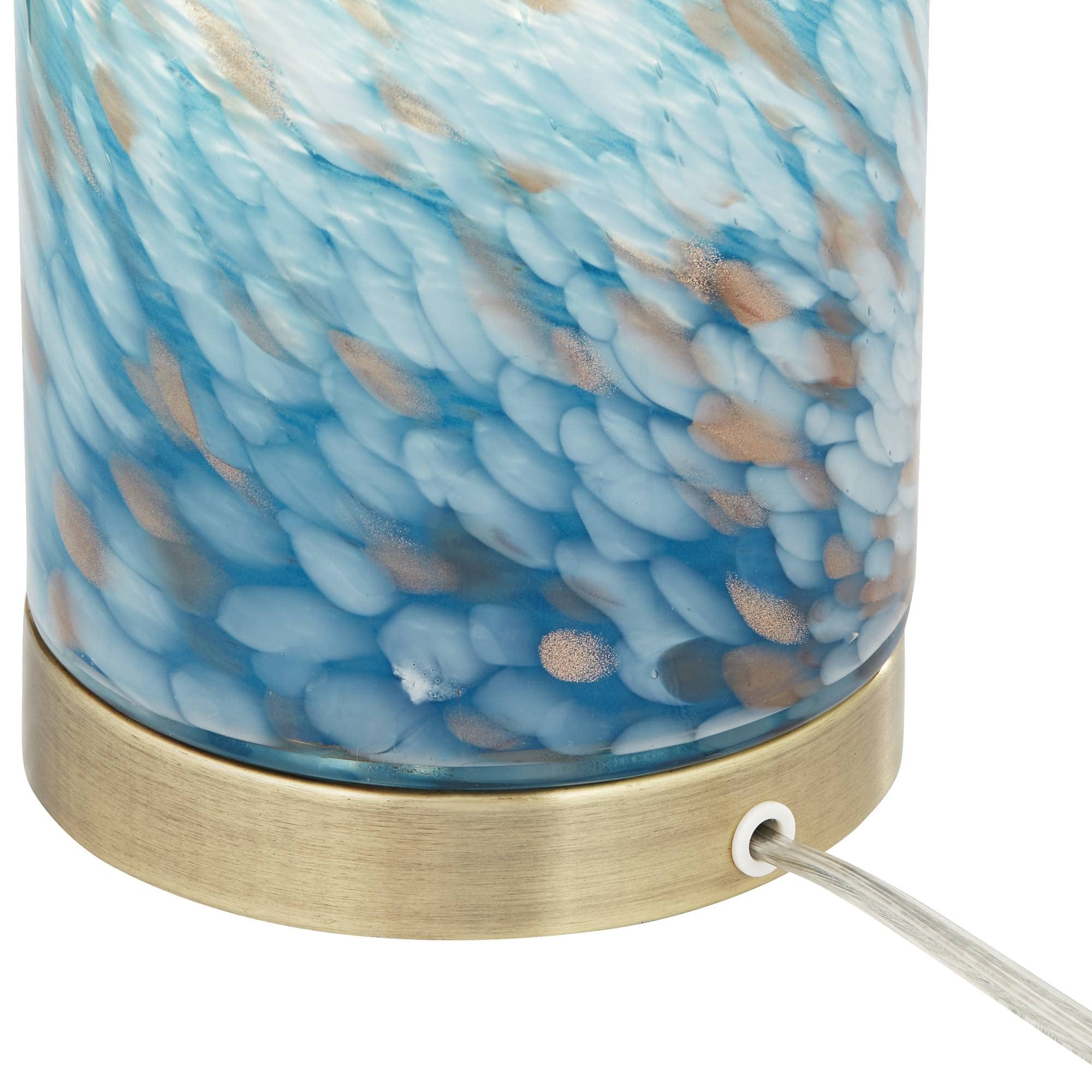 Nikki Coastal Accent Table Lamp 13.5" High Antique Brass Blue Glass Cylinder Shade