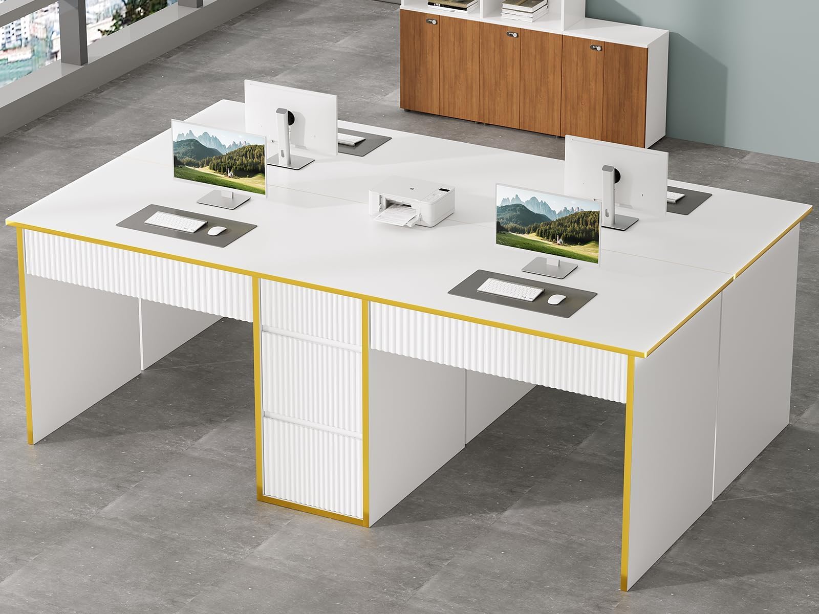 Two Person Desk with Drawers 78.72 Inch White Gold