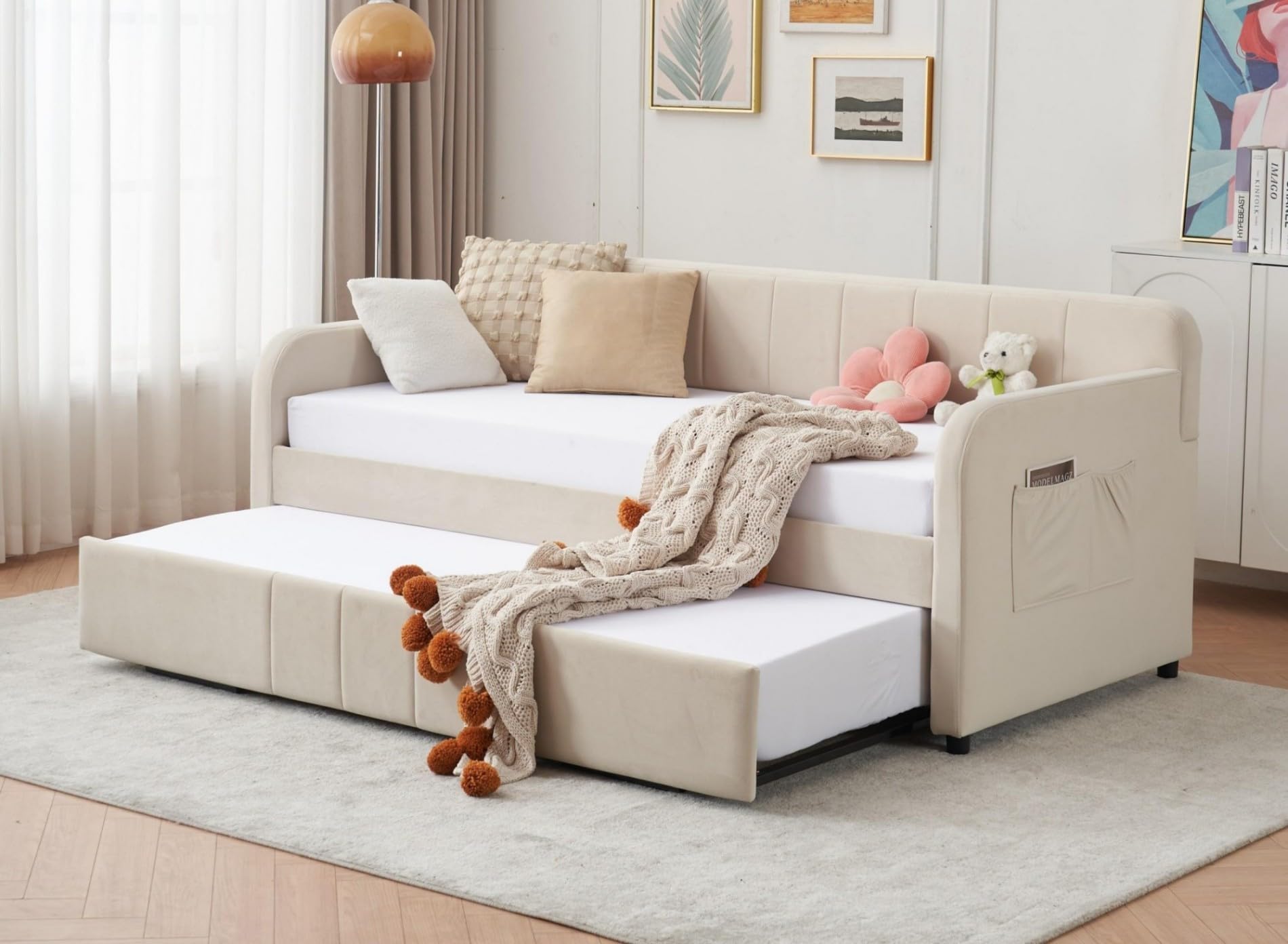 Twin Velvet Corner Daybed with Liftable Trundle and USB Charging