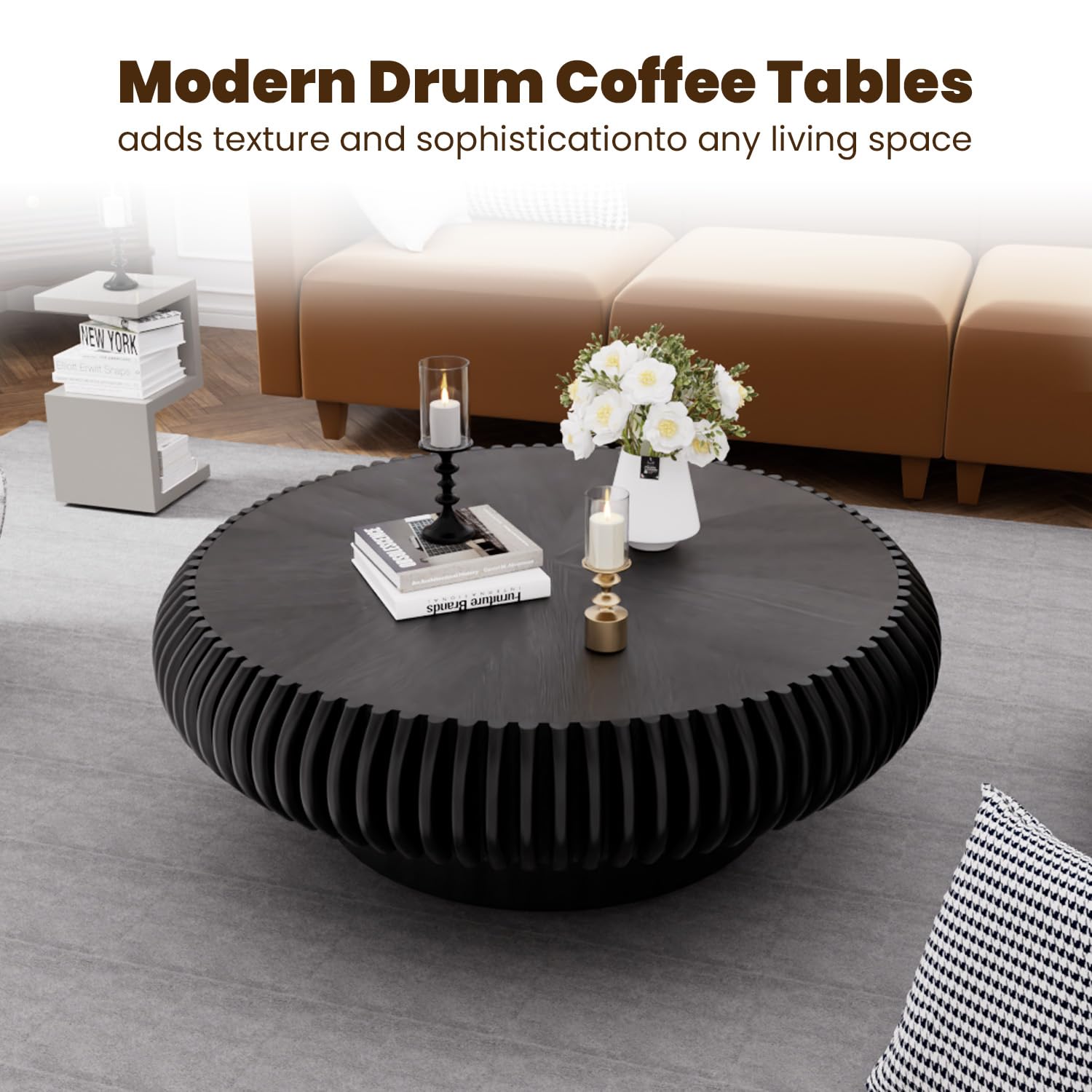Round Fluted Coffee Table 39.3" Black