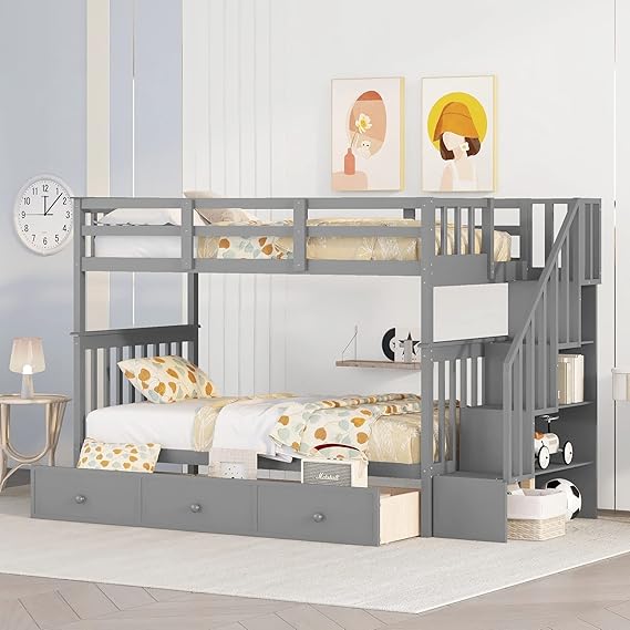 Twin Over Twin Bunk Bed with Trundle and Stairs