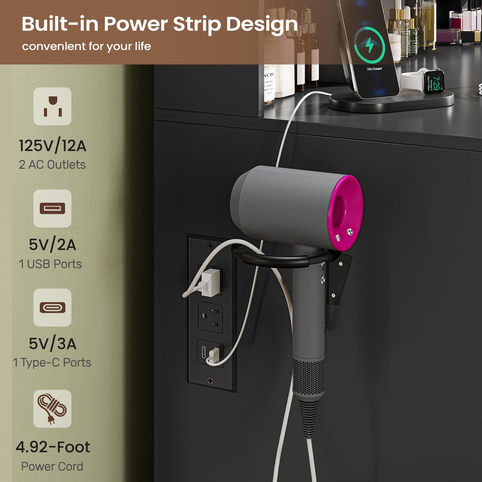 Vanity Desk with Trifold Mirror and LED Light