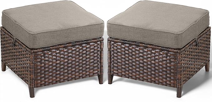 2-Piece Outdoor Wicker Ottoman Side Table Set - Brown Rattan Footrest Bench