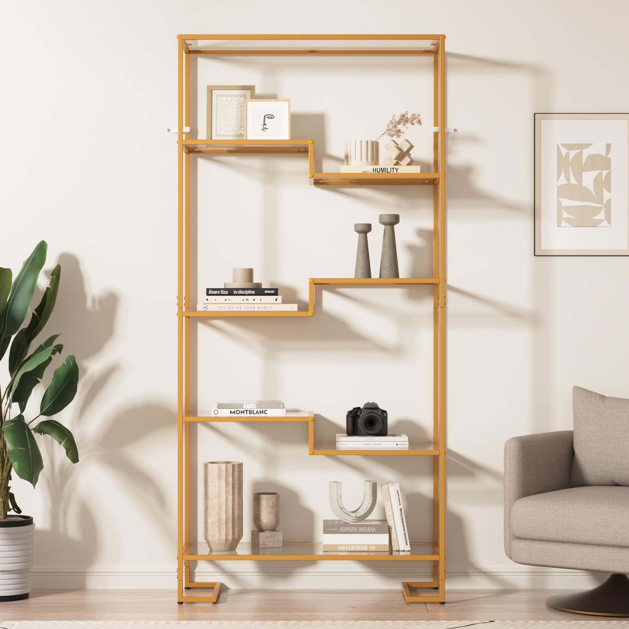 5-Tier Tempered Glass Bookshelf Golden Modern Display Shelf