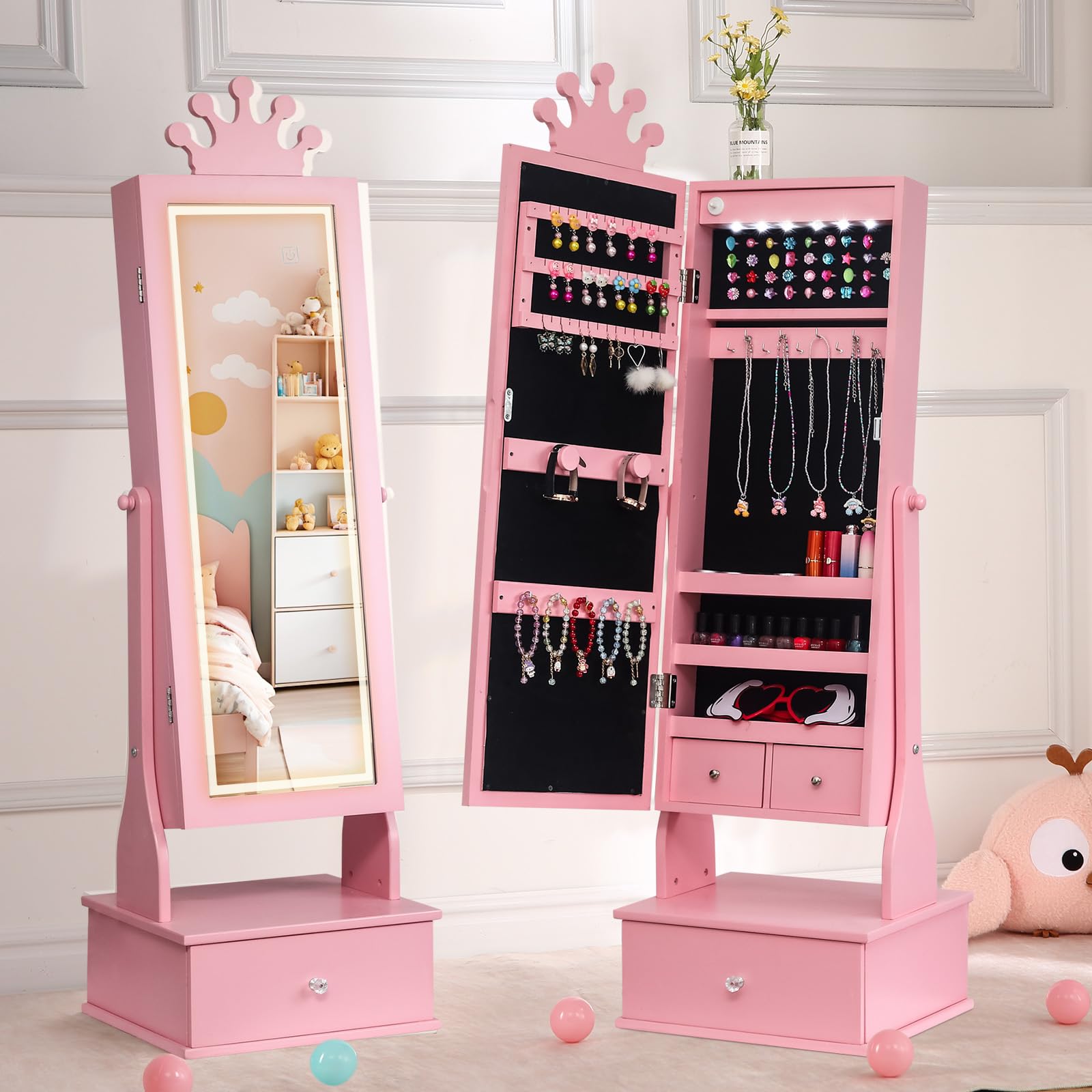 Kids Jewelry Armoire with Full-Length Mirror and LED Light