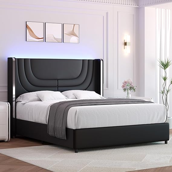 Full Size LED Bed Frame with Upholstered Wingback Headboard