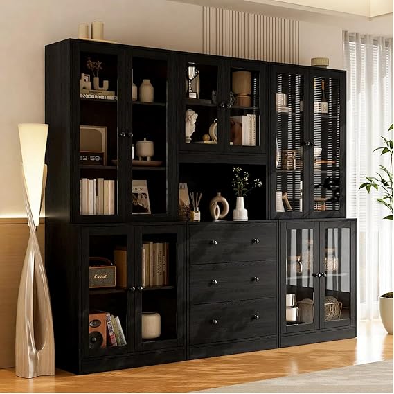 71'' H Pantry Cabinet with Glass Doors - 5-Tier Kitchen Storage Hutch Set