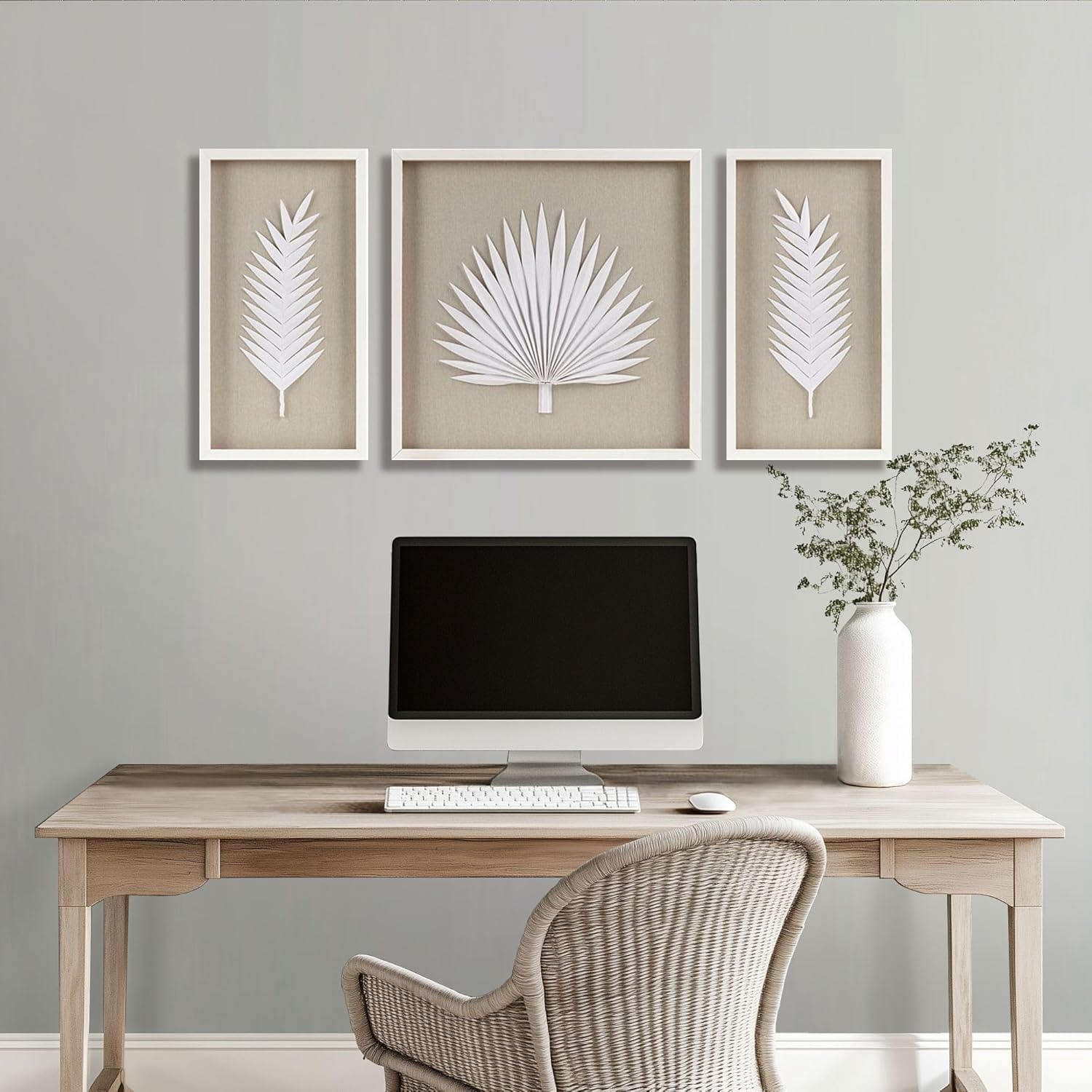 Floral Wall Art Shadow Box Set - Palm Natural Rice Paper Glass Wood Frame - 3 Piece