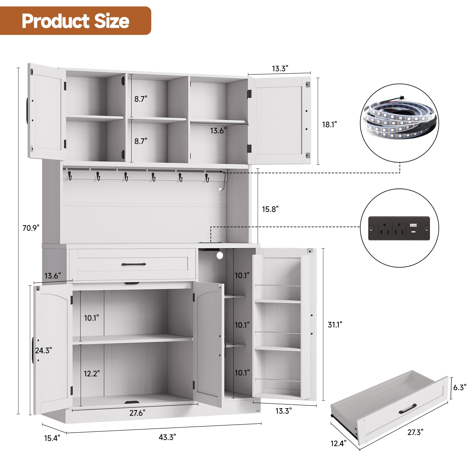 71" Pantry Cabinet with LED Light & Outlet