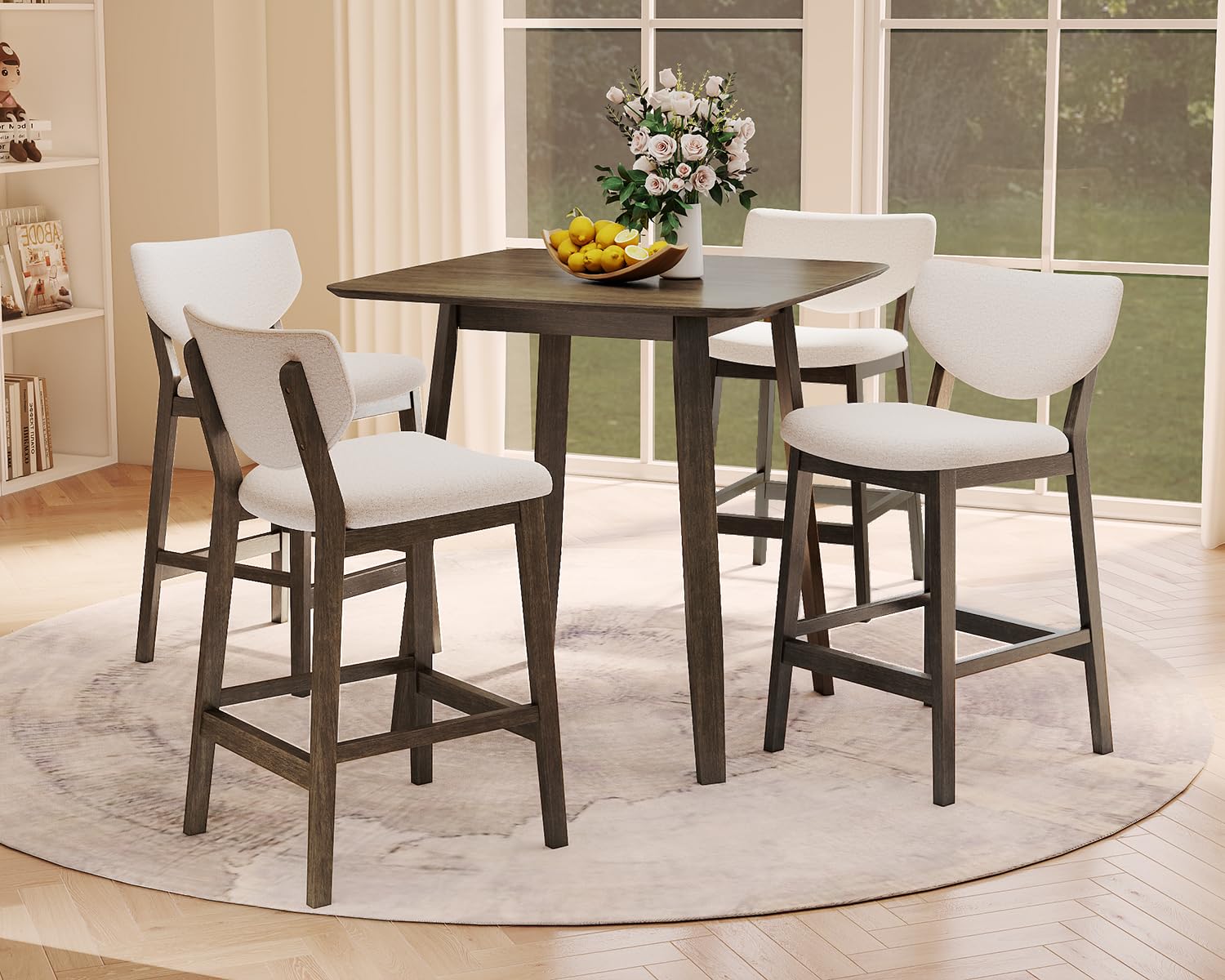 5 Piece Counter Height Dining Table Set with Upholstered Stools