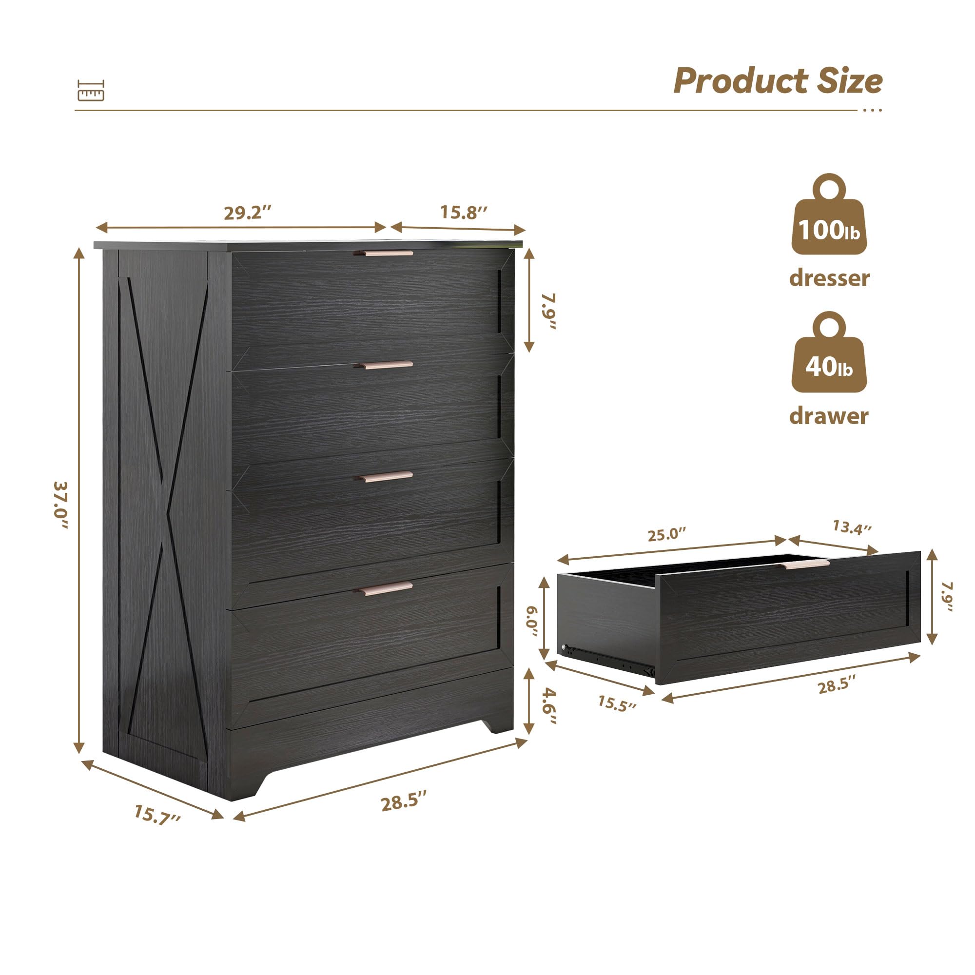 Modern 4 Drawer Dresser with Rose Gold Handles