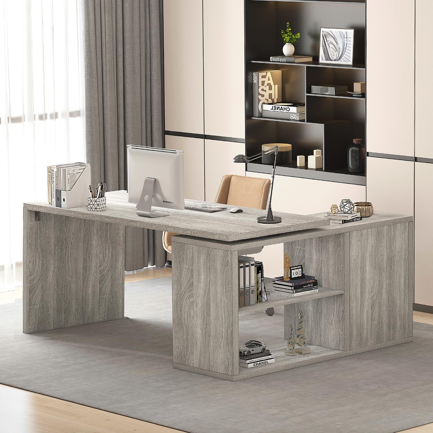 L-Shaped Corner Desk with Storage Shelves