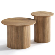 Nesting Coffee Table Set of 2 Mid Century Modern Round Wood Slat Side Tables