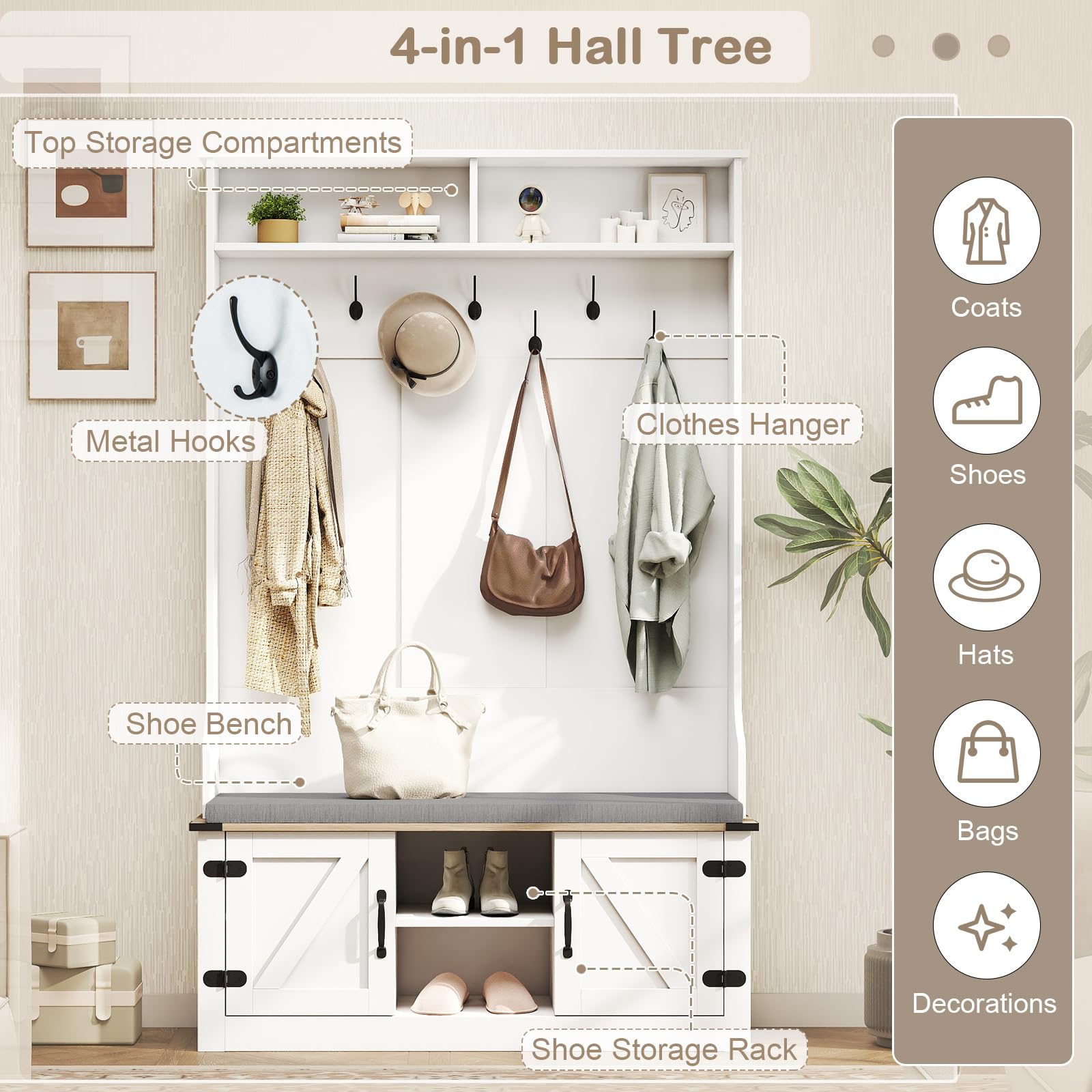 Hall Tree with Cushioned Bench and Shoe Storage