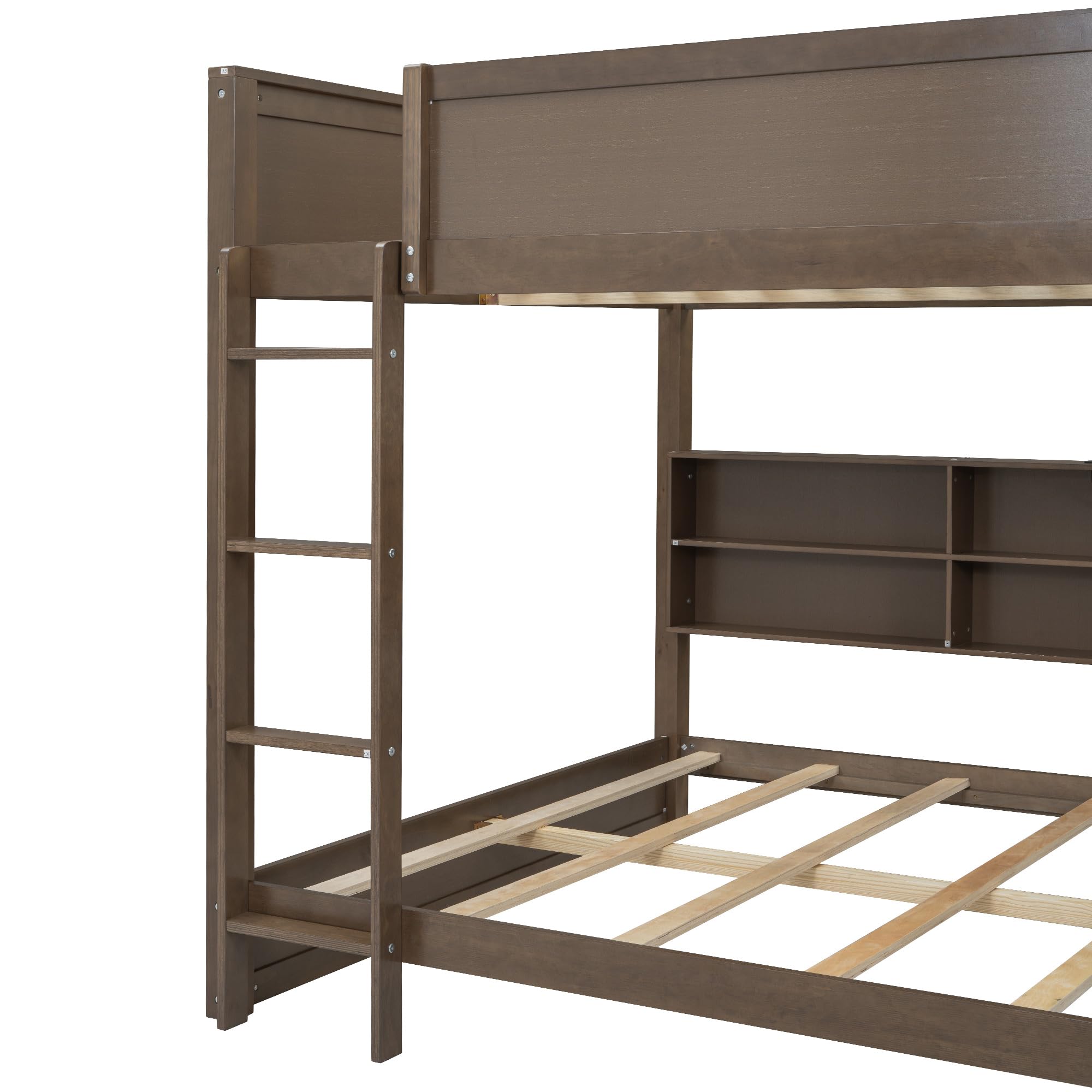 Queen Over Queen Bunk Bed with Storage Cabinets and USB Ports
