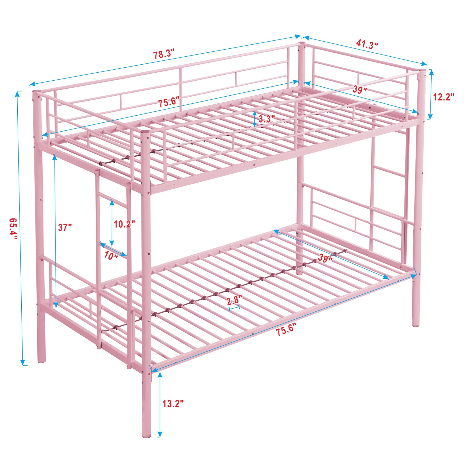 Twin Over Twin Metal Bunk Bed with Ladder and Guardrail - Pink