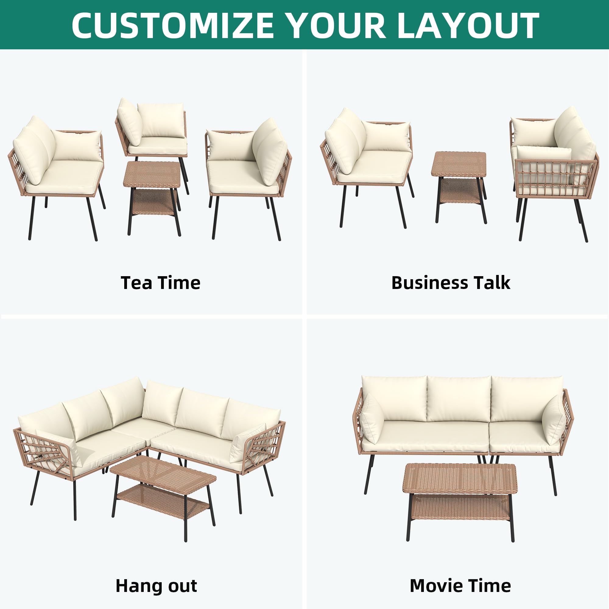 L-Shape Outdoor Patio Furniture Set with Coffee Table
