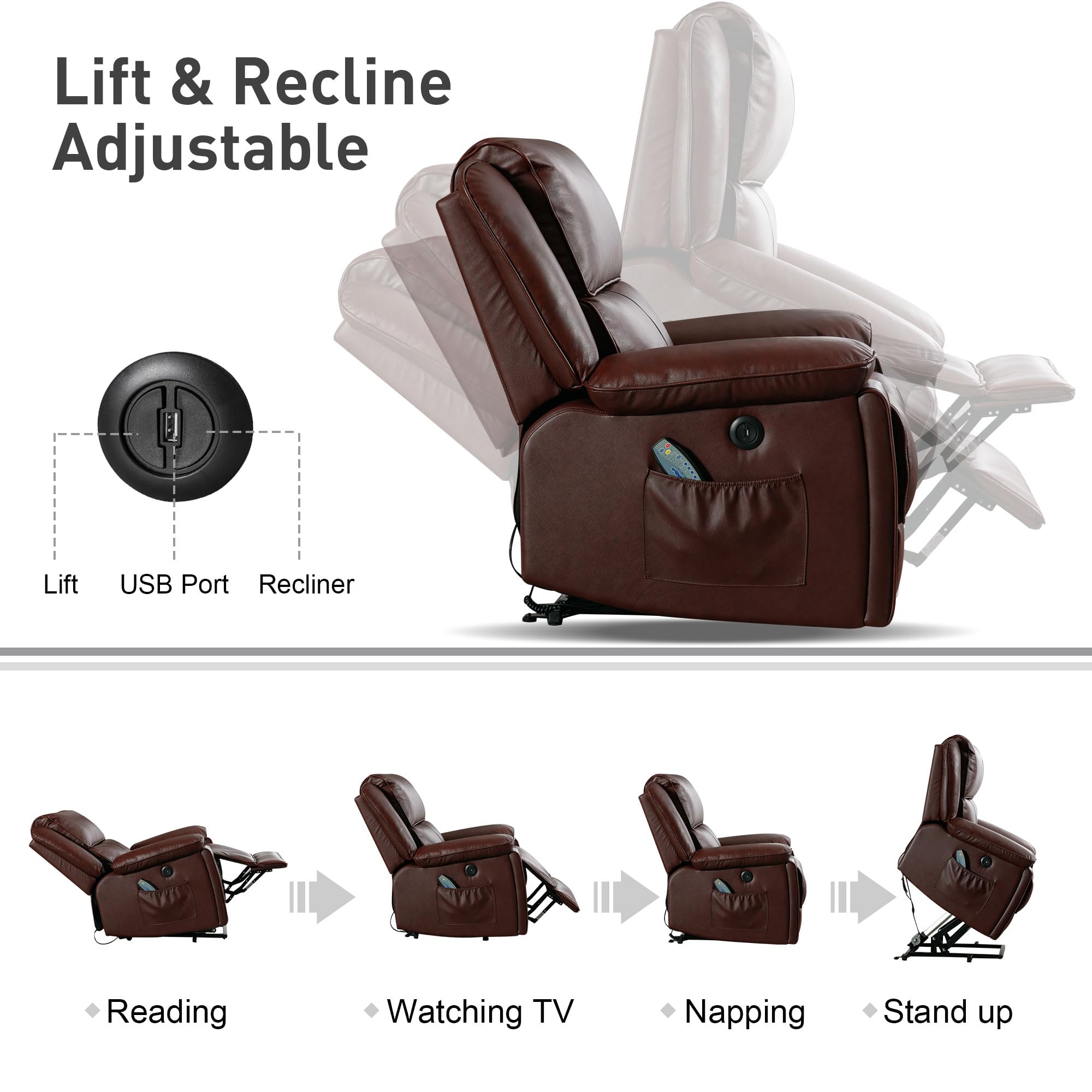 Genuine Leather Lift Recliner Chair with Heat and Massage