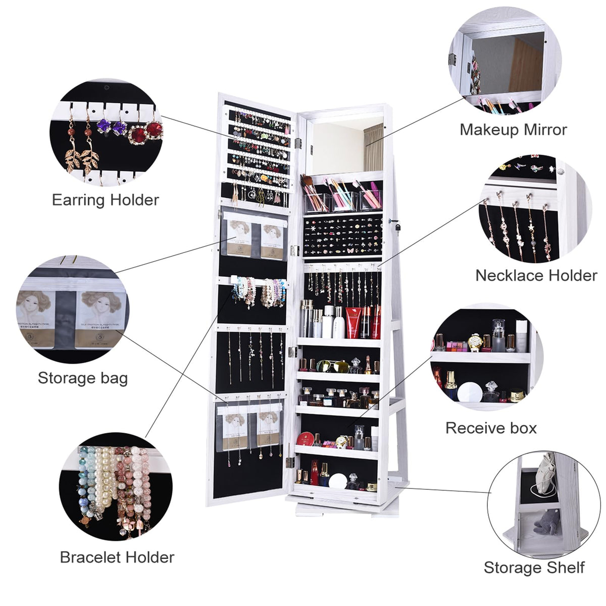 360° Swivel Jewelry Mirror Cabinet Full Length Standing Organizer Armoire