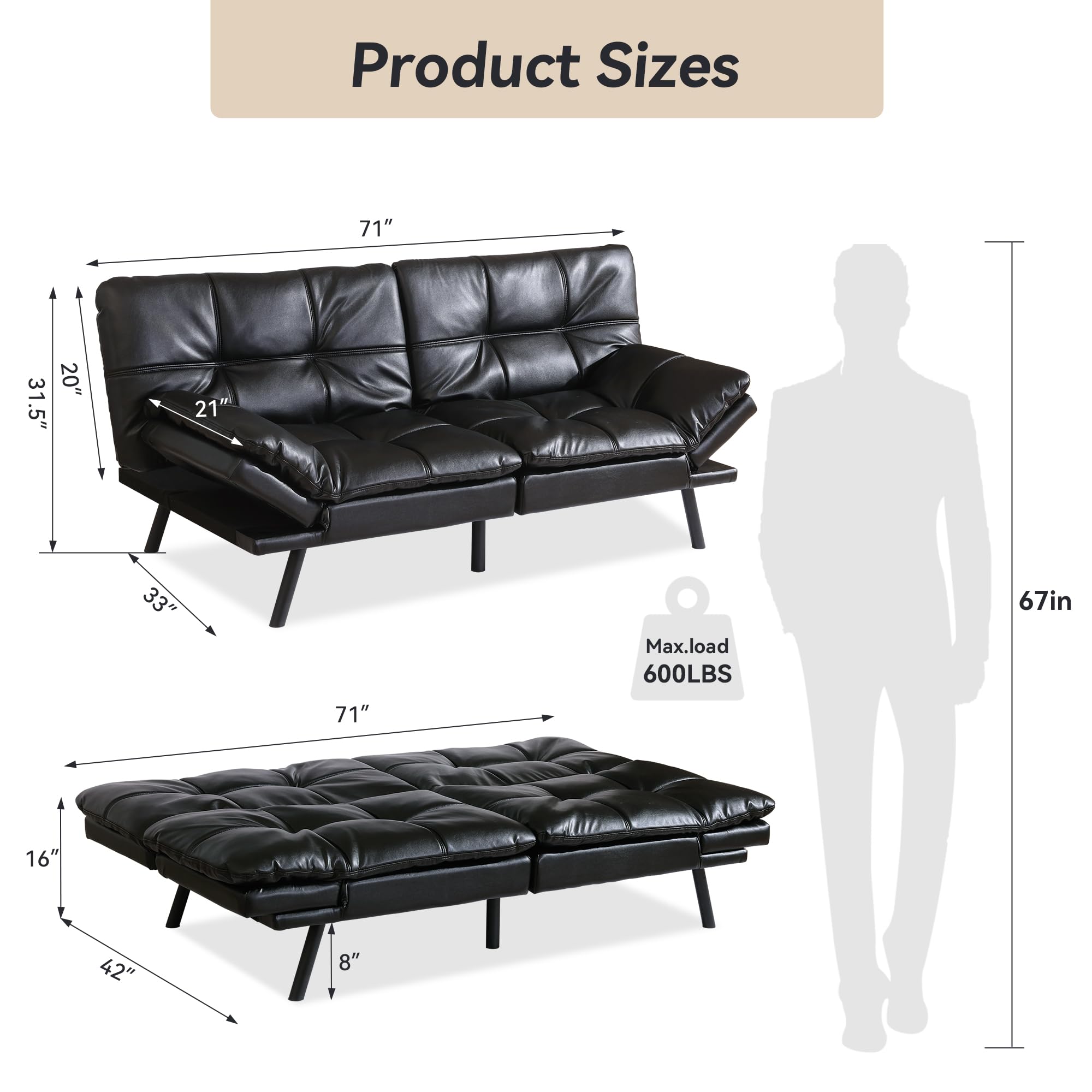 Convertible Futon Sofa Bed with Memory Foam