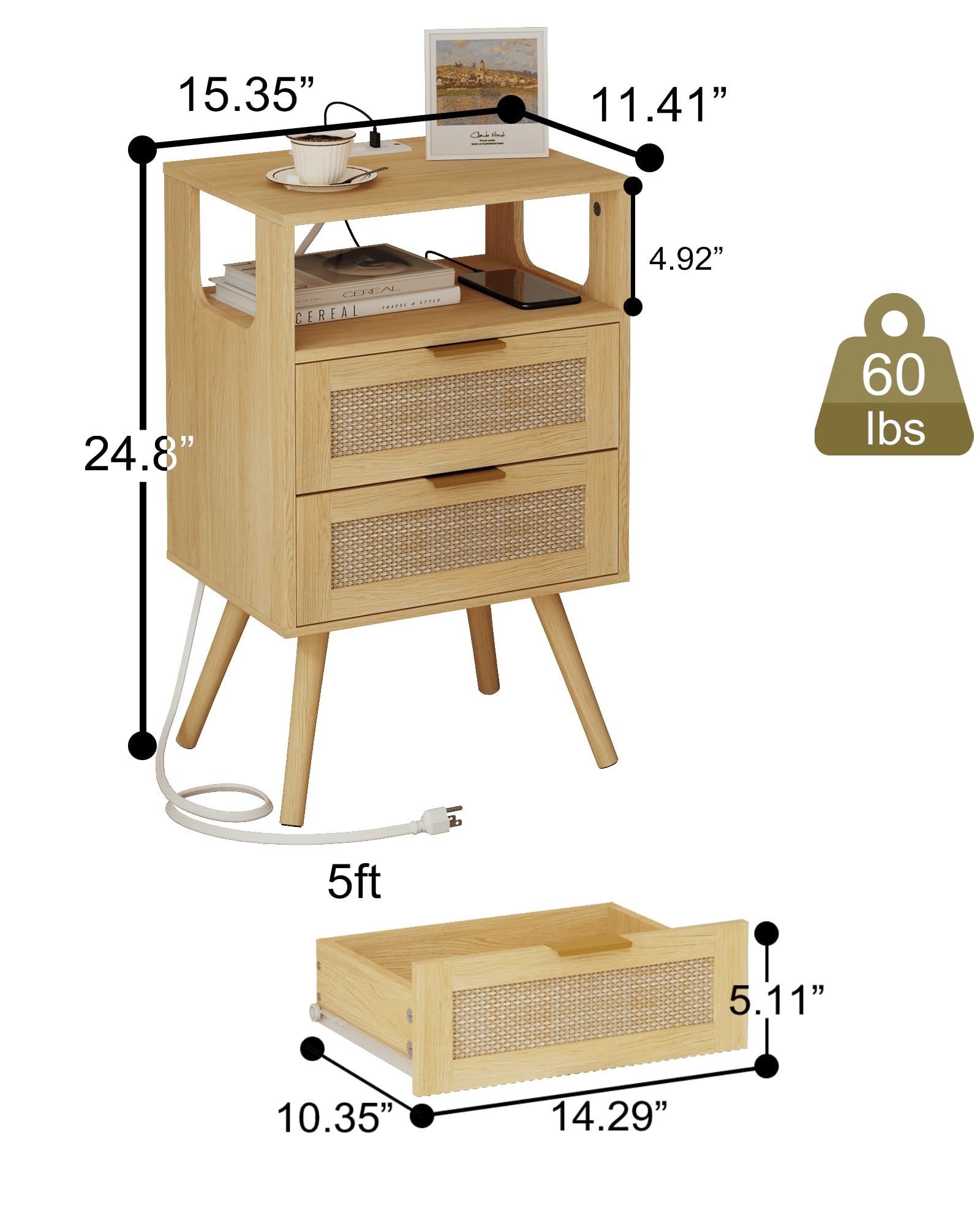 Rattan Nightstand with Charging Station
