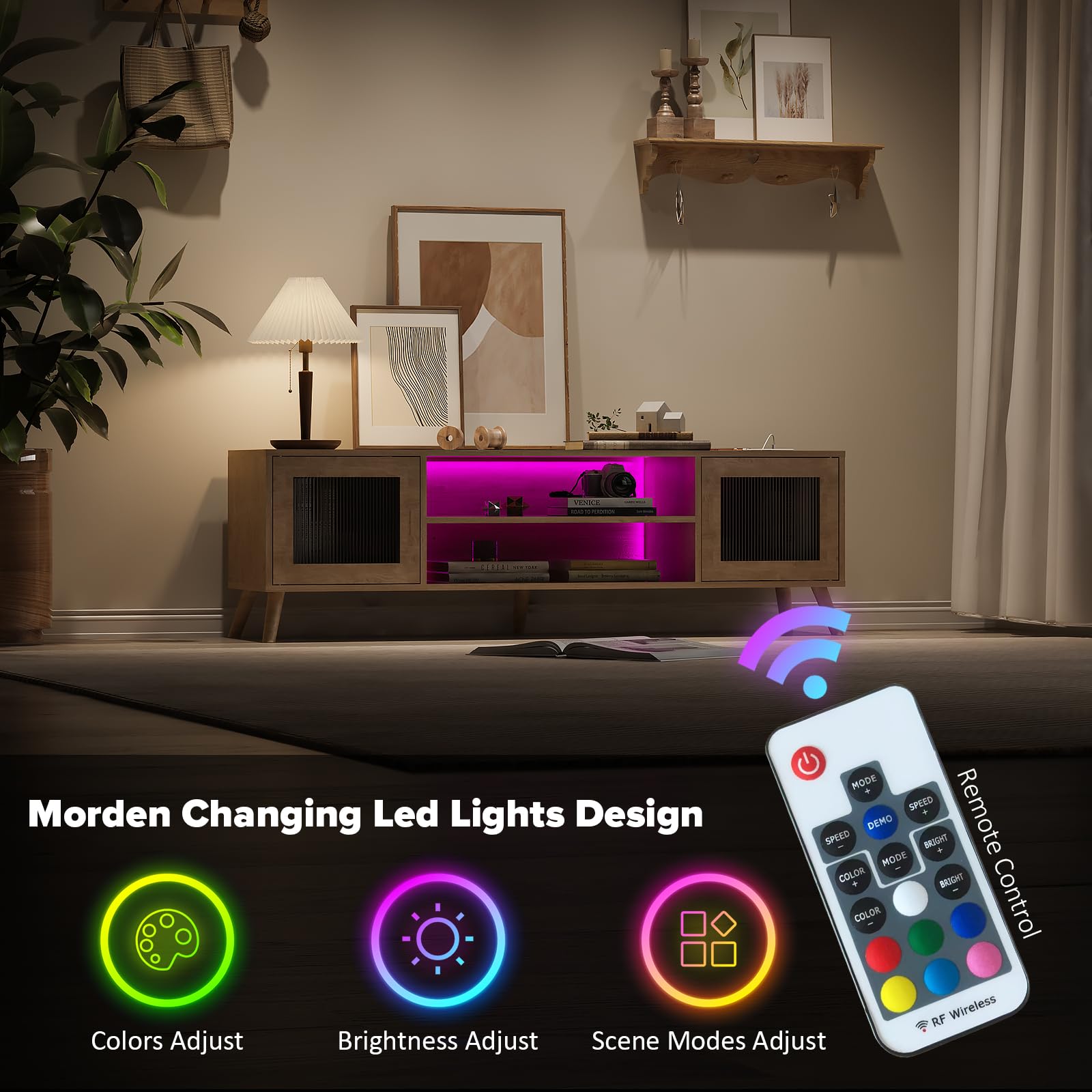 LED TV Stand with Charging Station and Glass Doors
