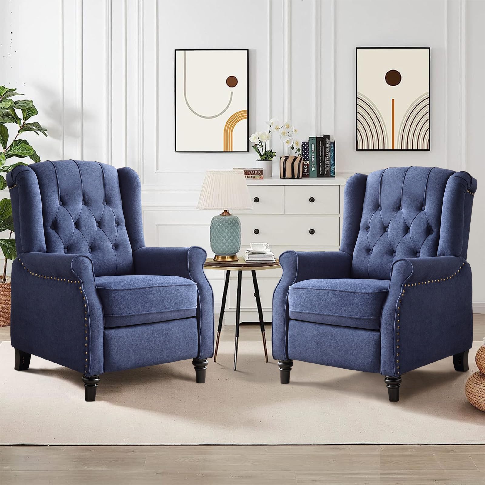 Tufted Wingback Recliner Chair Dark Blue