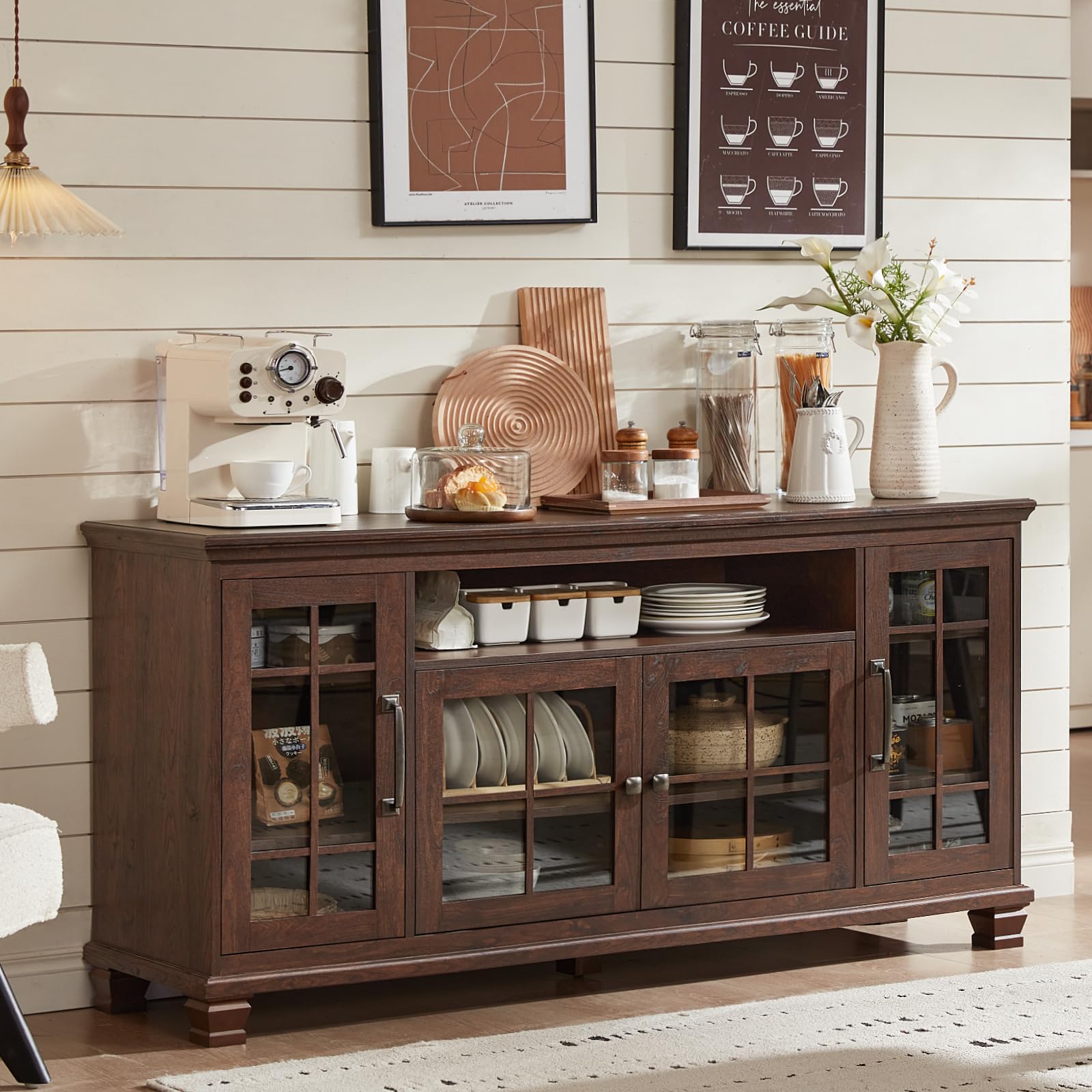 Vintage Walnut Sideboard Buffet Cabinet with Glass Doors
