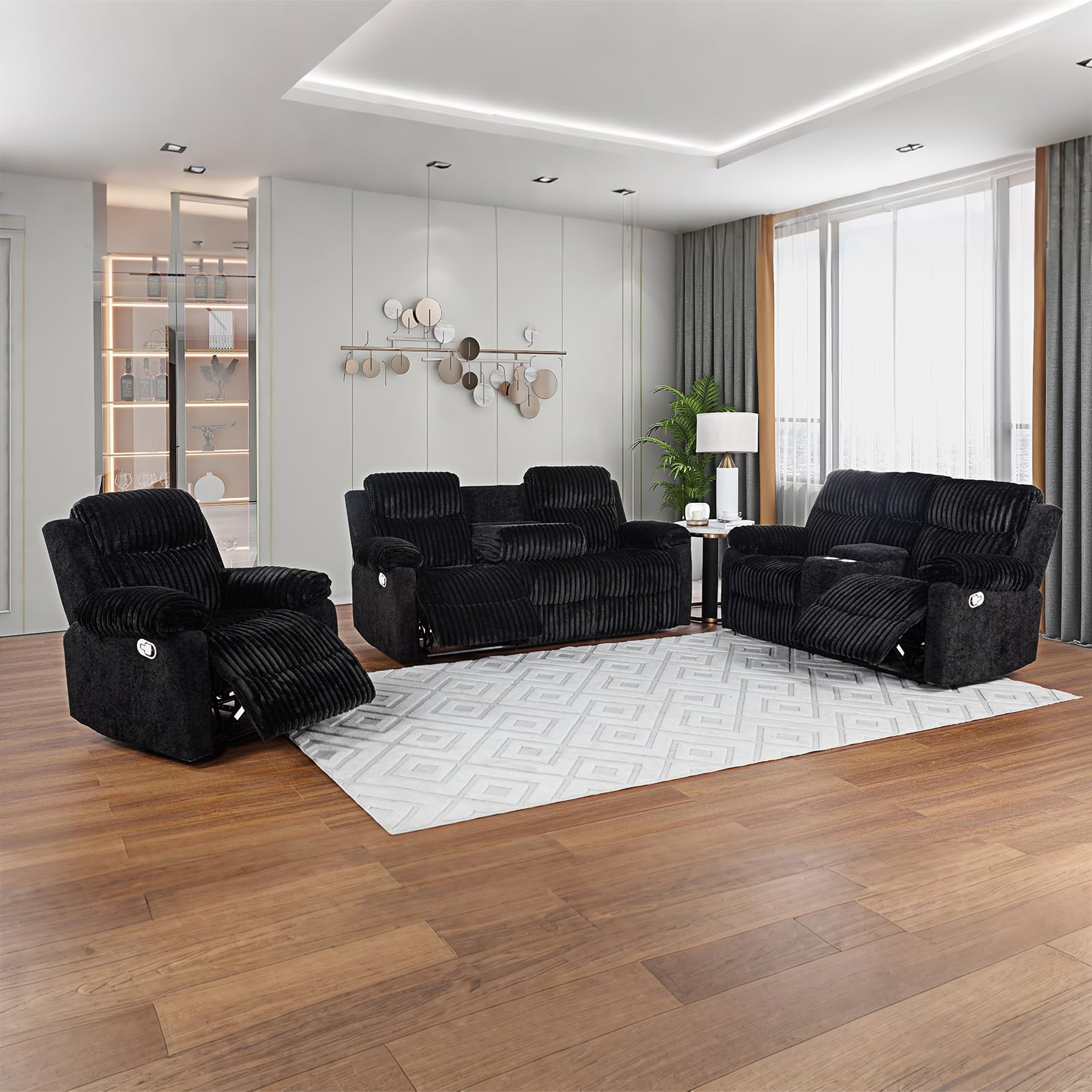Reclining Sofa Sets, 3 Seater Reclining Couch and Loveseat with Coffee Table, Storage Console, Cup Holders, Corduroy Manual Oversized Recliner Chair with Soft Cushion for Living Room (Black,3PCS)