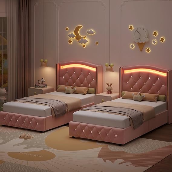 Twin LED Bed Frame with Storage Drawers and Crystal Wingback Headboard