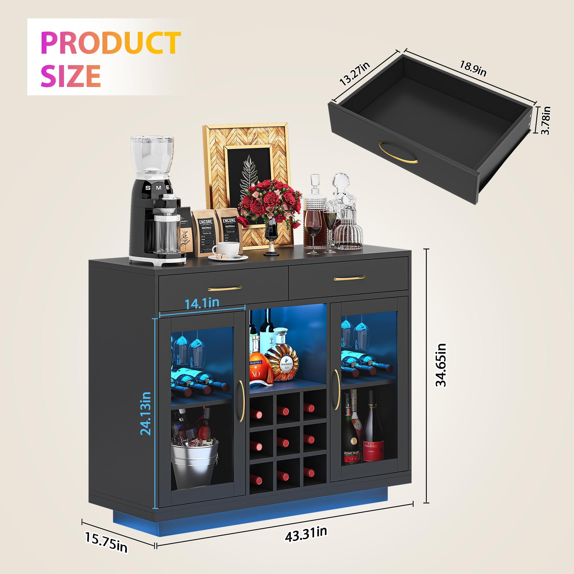 Wine Bar Cabinet with LED Lights and Glass Rack