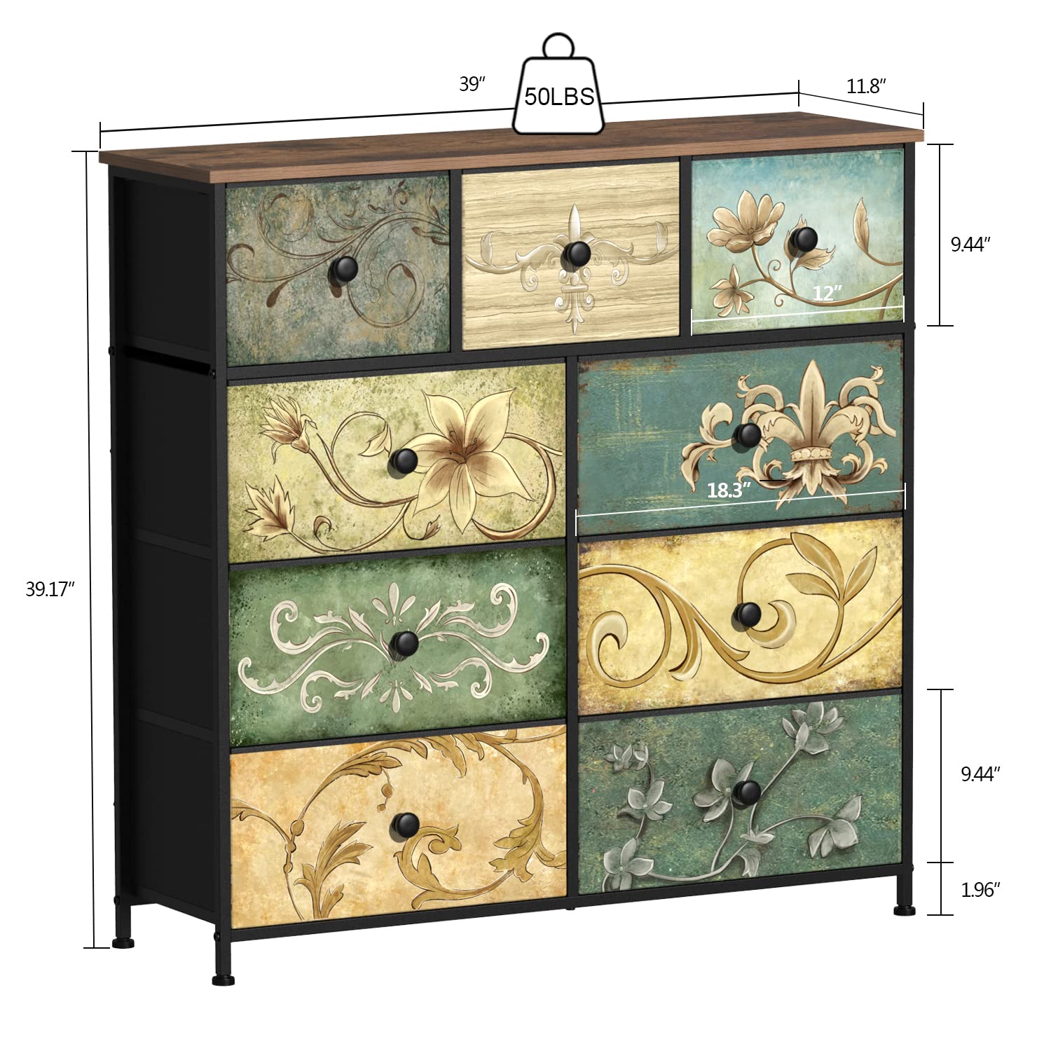 9-Drawer Fabric Dresser with Retro Floral Pattern