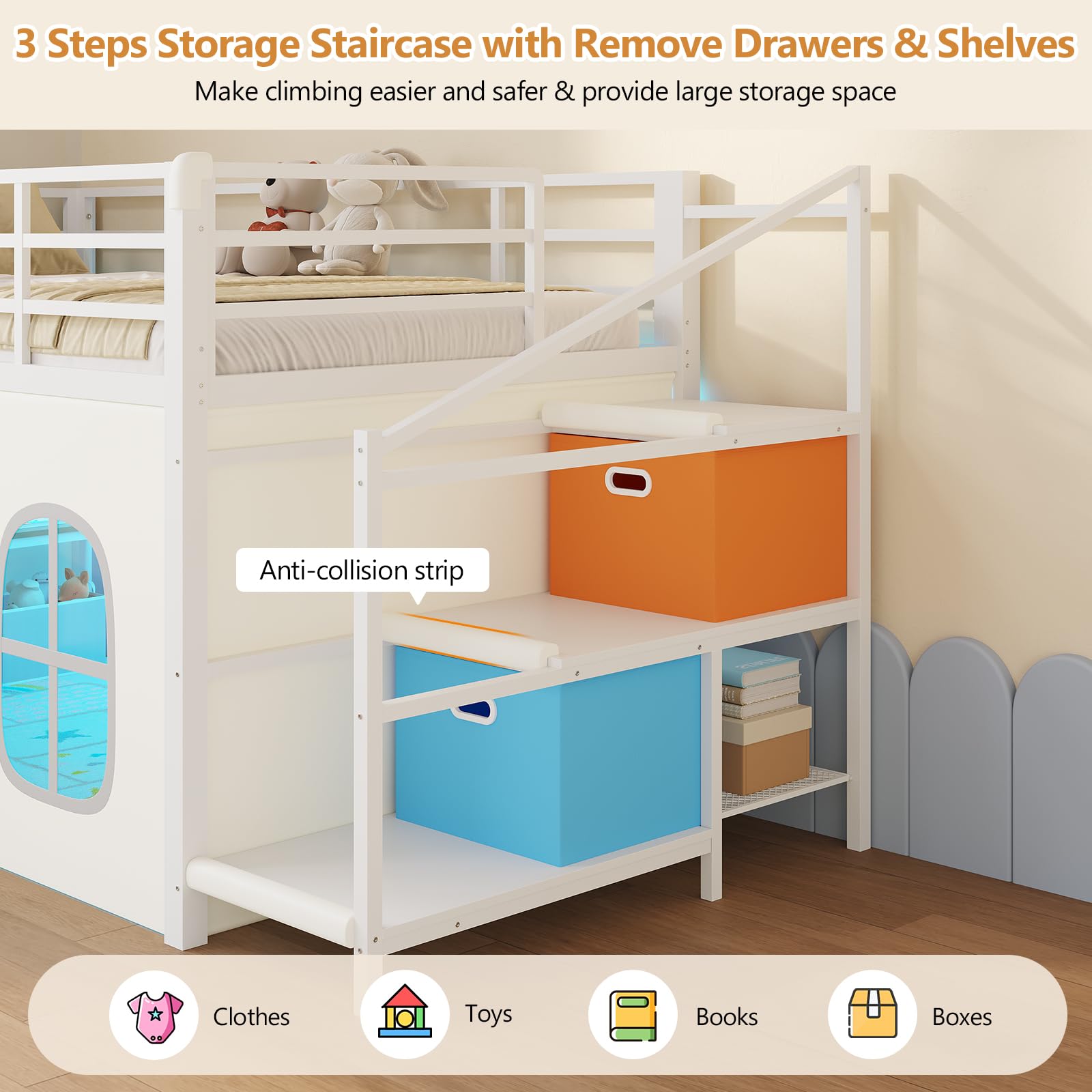 Twin Low Loft Bed with Slide and Storage