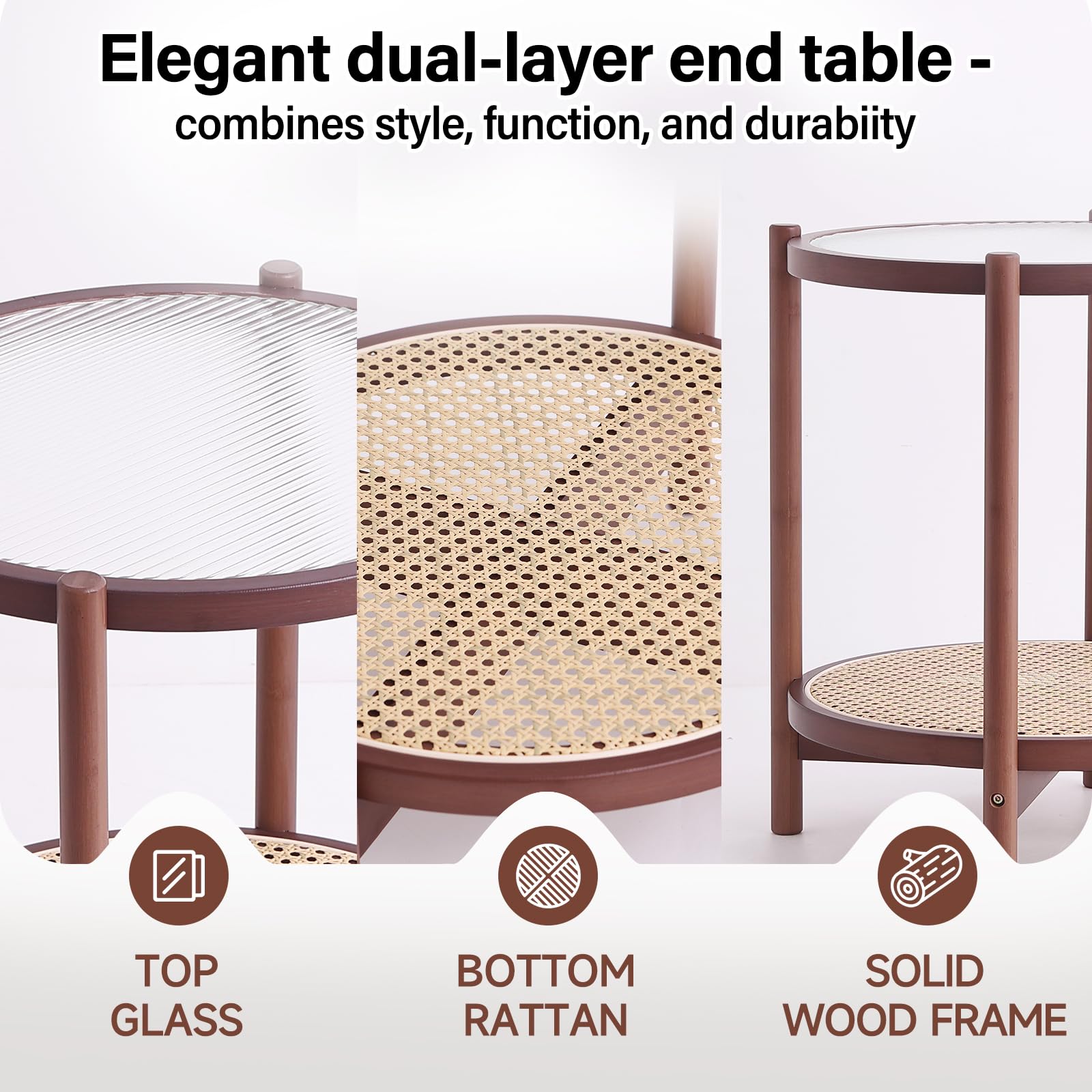 Rattan Coffee Table Round End Table 2-Tier Bamboo Glass Top