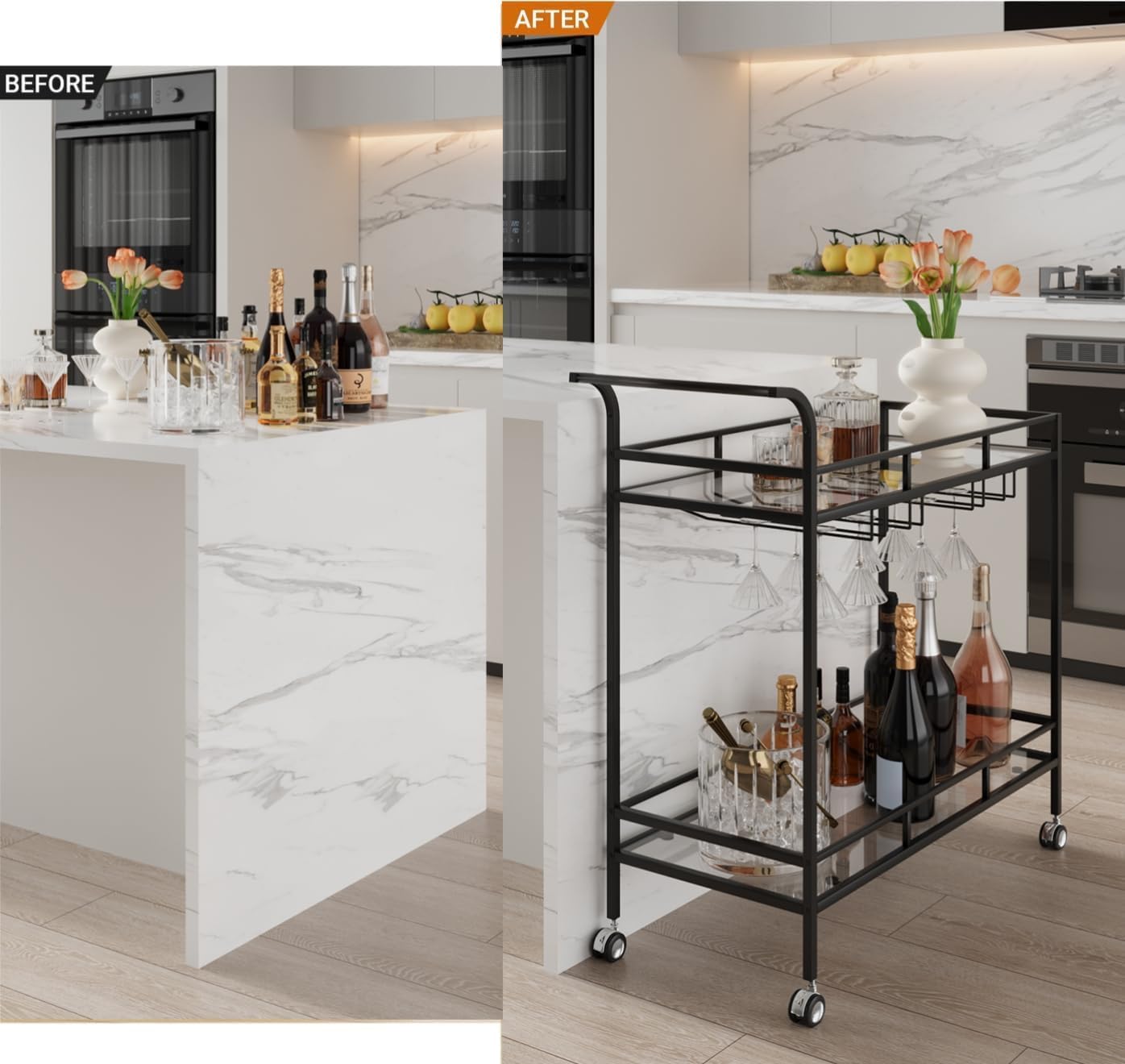Large 2-Tier Bar Cart with Wine Rack and Glass Holder