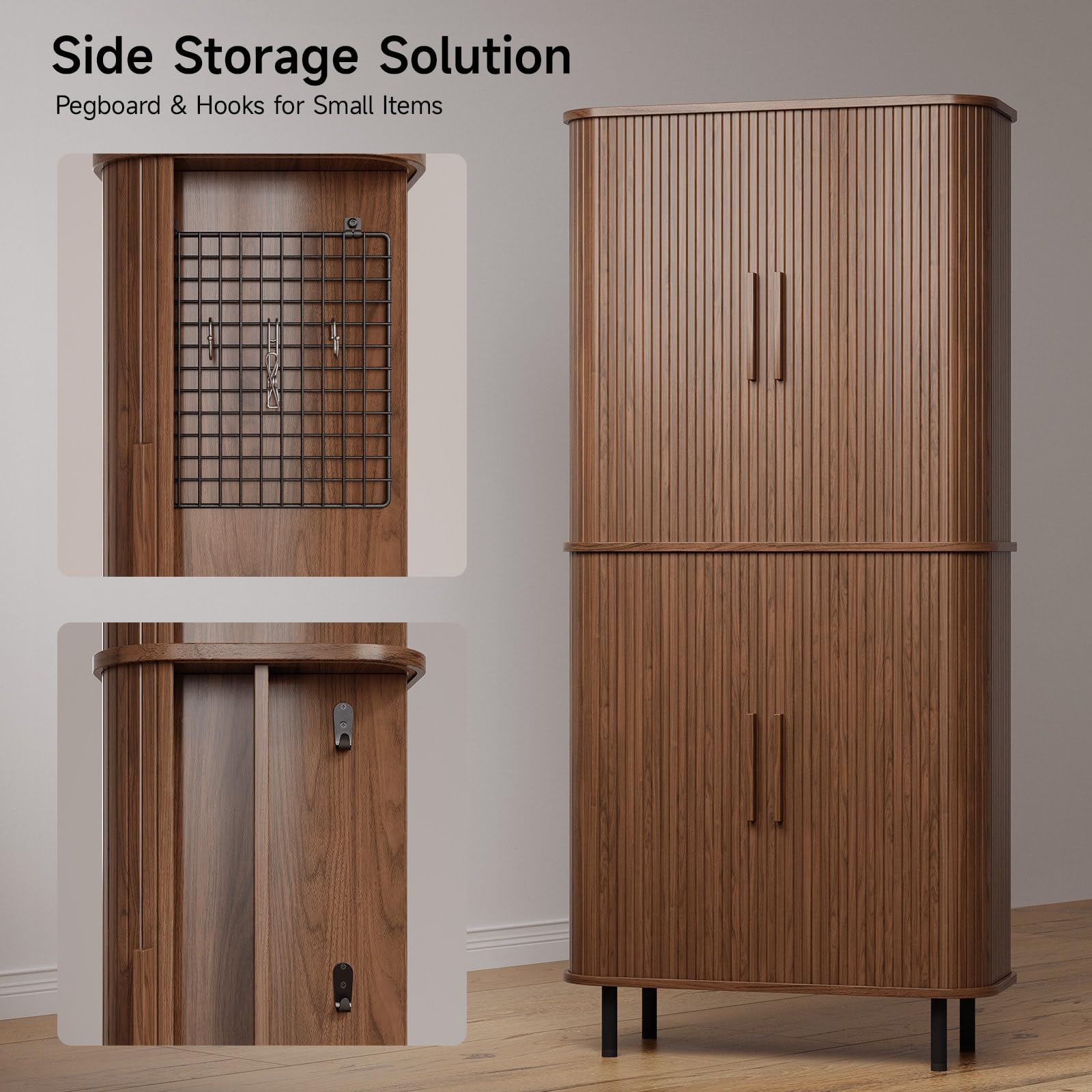 71" Fluted Pantry Cabinet with Adjustable Shelves and Pegboards