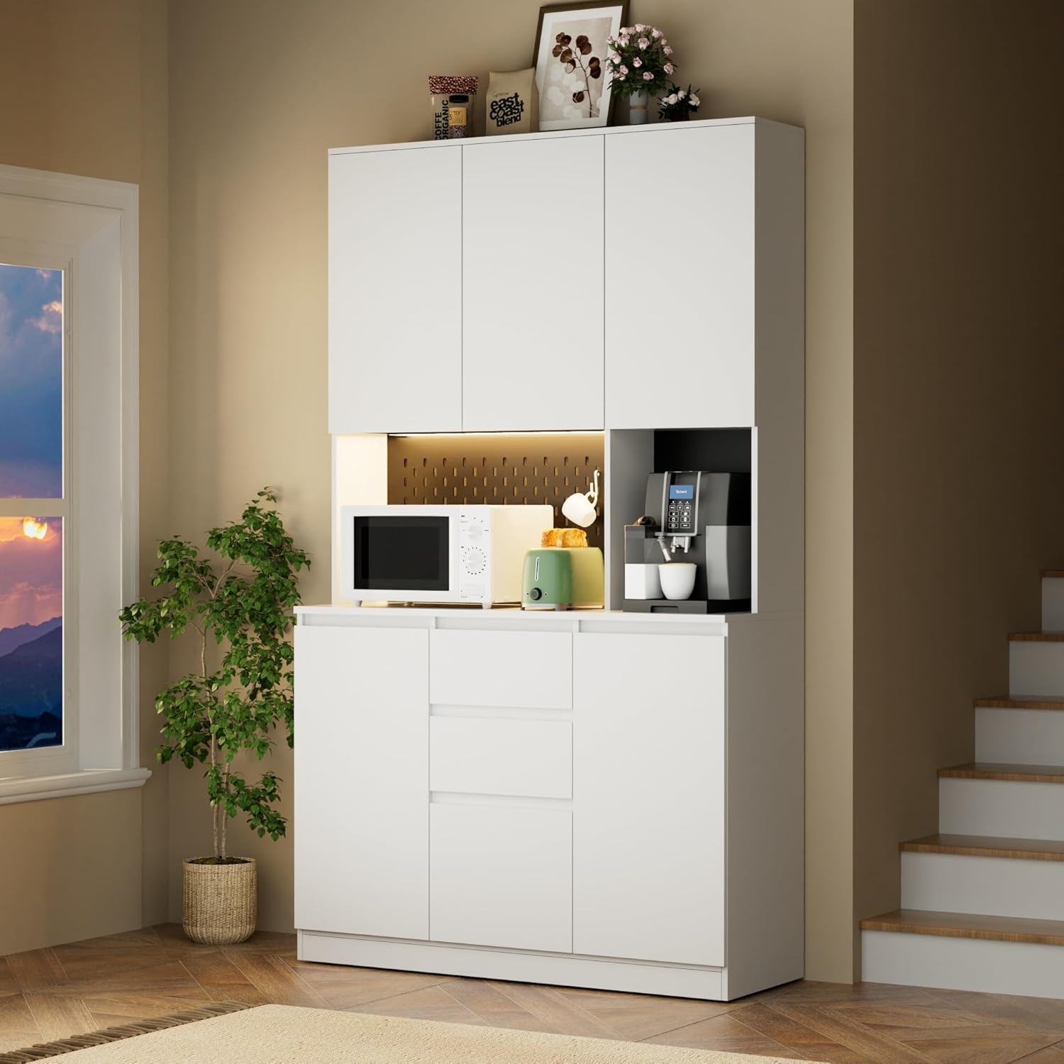 74" Pantry Cabinet with Power Outlet and LED Light Strip