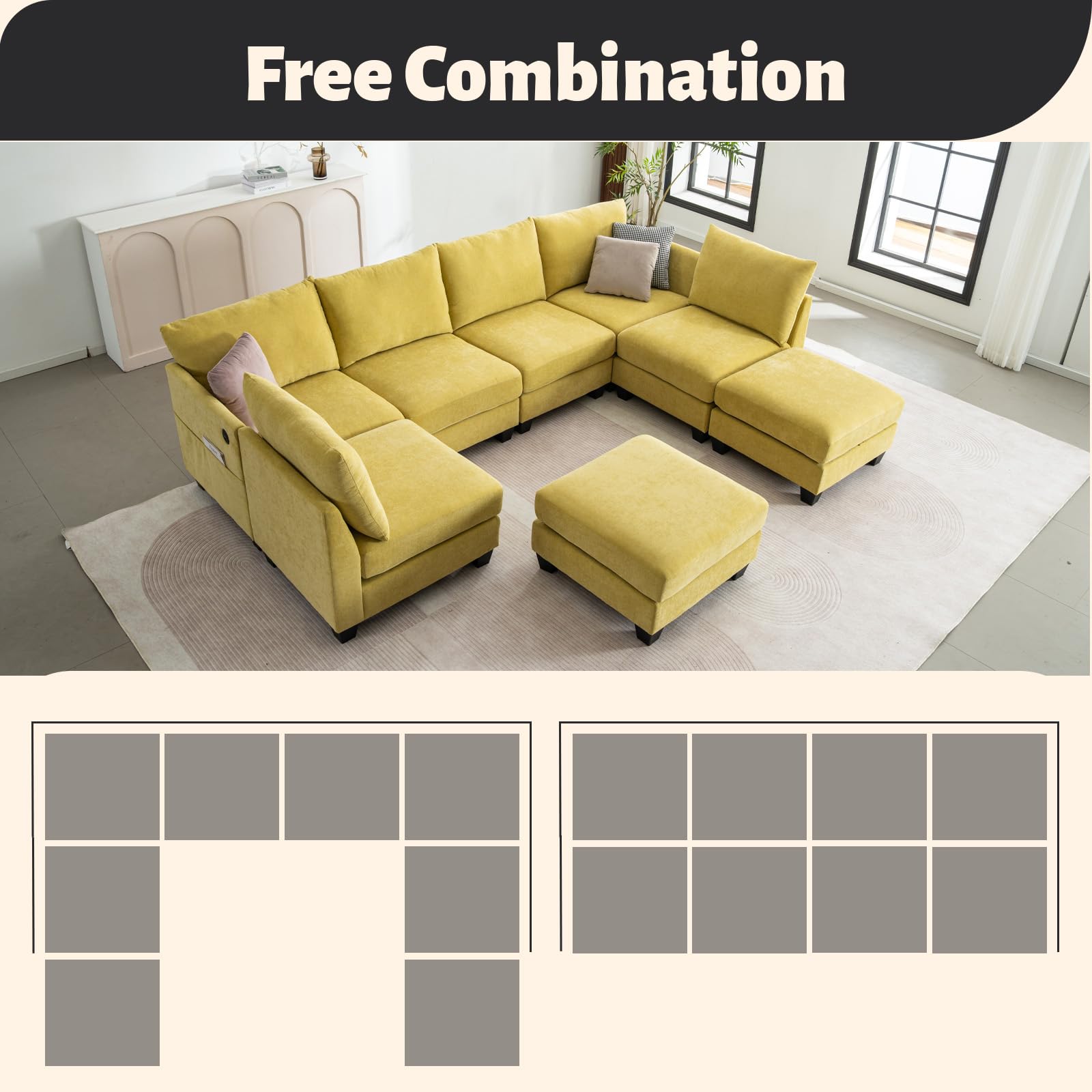 ZX Design 124" Modular Sectional Sofa, U-Shaped 8 Seater Sectional Sofa with Storage Ottoman & USB Ports, Large Cloud Couch Sectional Modern Linen L-Shaped Couch for Living Room(Yellow)