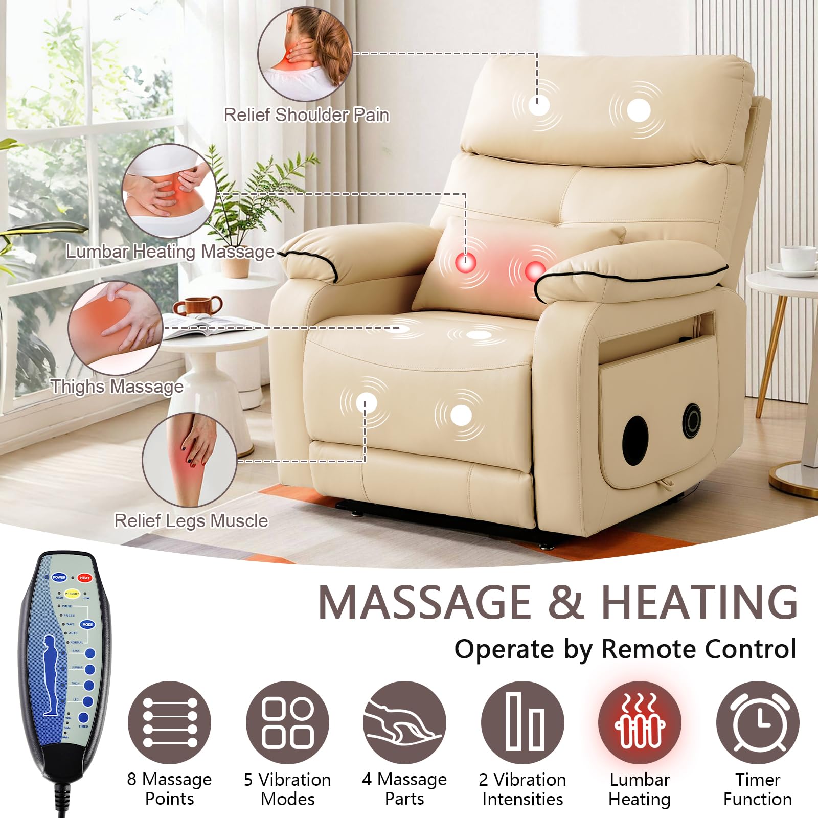 Dual Motor Infinite Position Lift Recliner with Massage and Heat