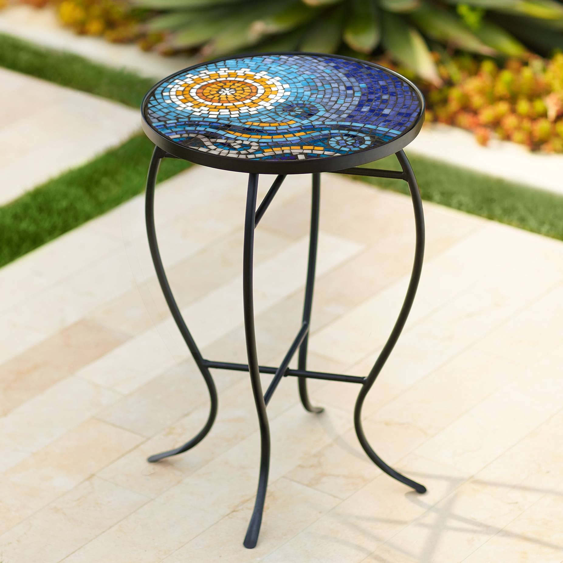 Ocean Scene Mosaic Round Outdoor Accent Tables Set of 2
