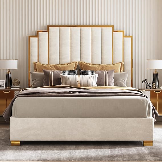 California King Upholstered Bed Frame - Velvet Platform Bed with Gold Trim Headboard