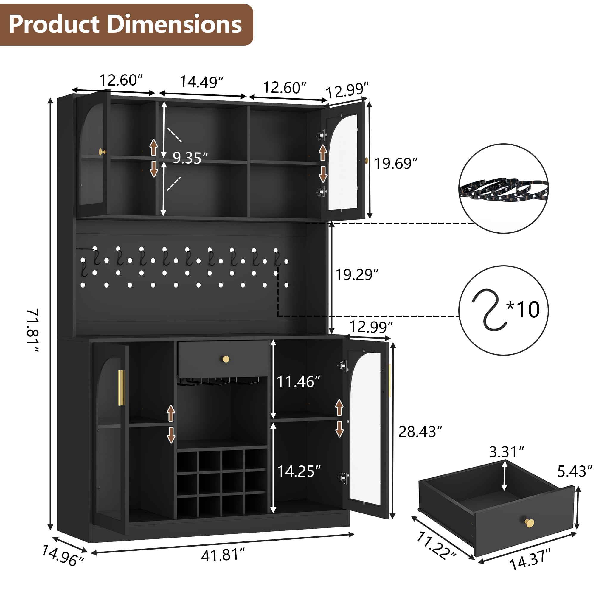71.8" Tall Kitchen Pantry Cabinet with LED Light and Wine Rack